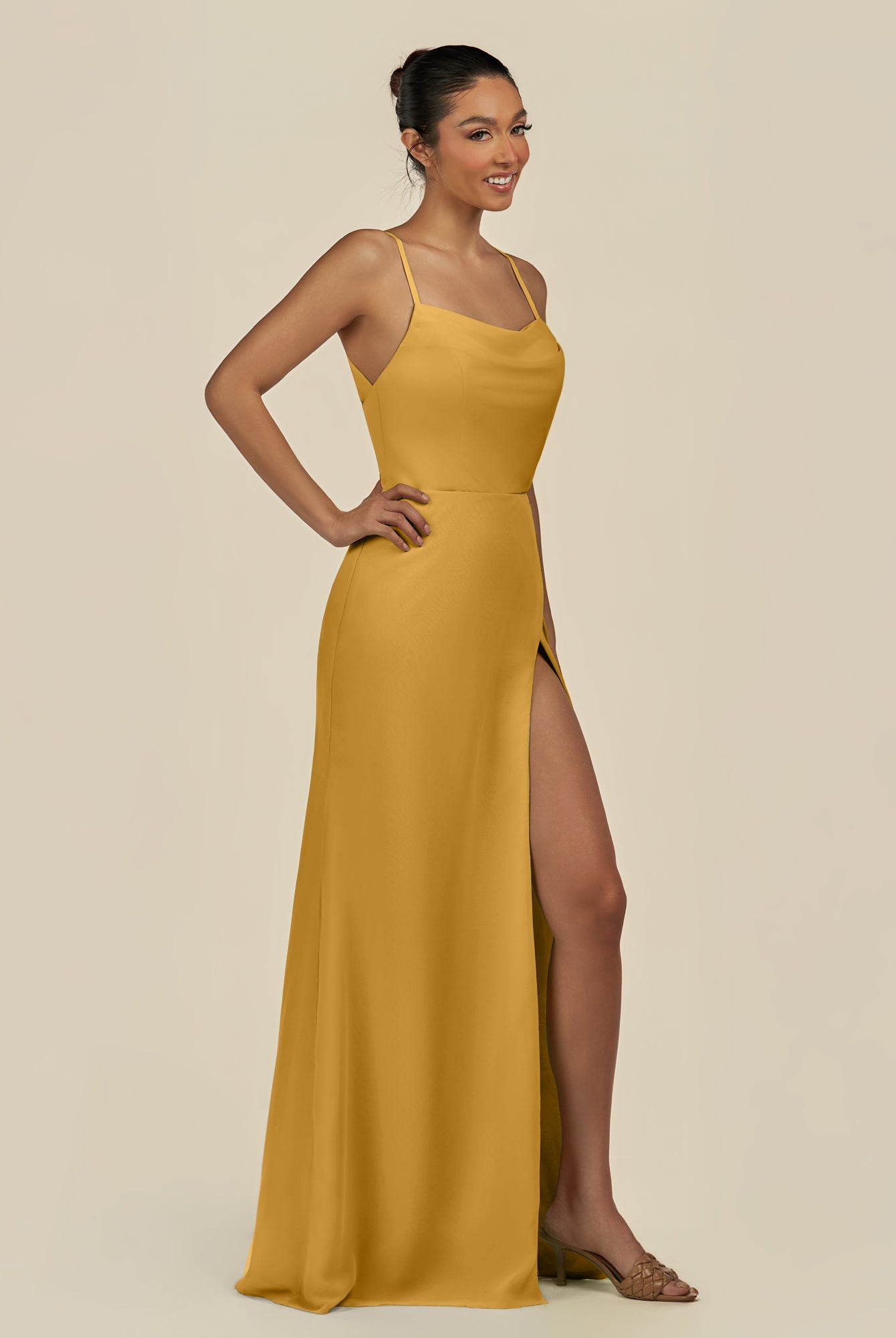 KissDress-Unity Marigold Sheath Spaghetti Straps Chiffon Ruched Long Bridesmaid Dress