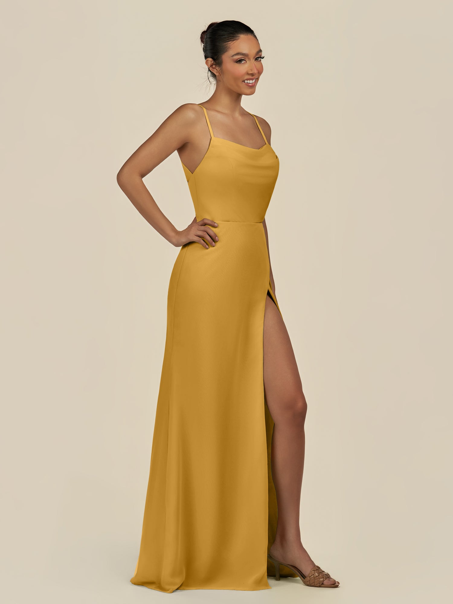 KissDress-Unity Marigold Sheath Spaghetti Straps Chiffon Ruched Long Bridesmaid Dress