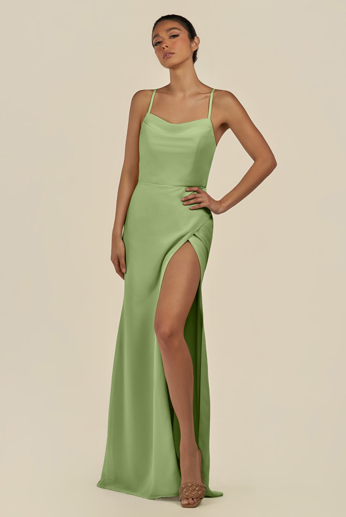 KissDress-Unity Matcha Sheath Spaghetti Straps Chiffon Ruched Long Bridesmaid Dress