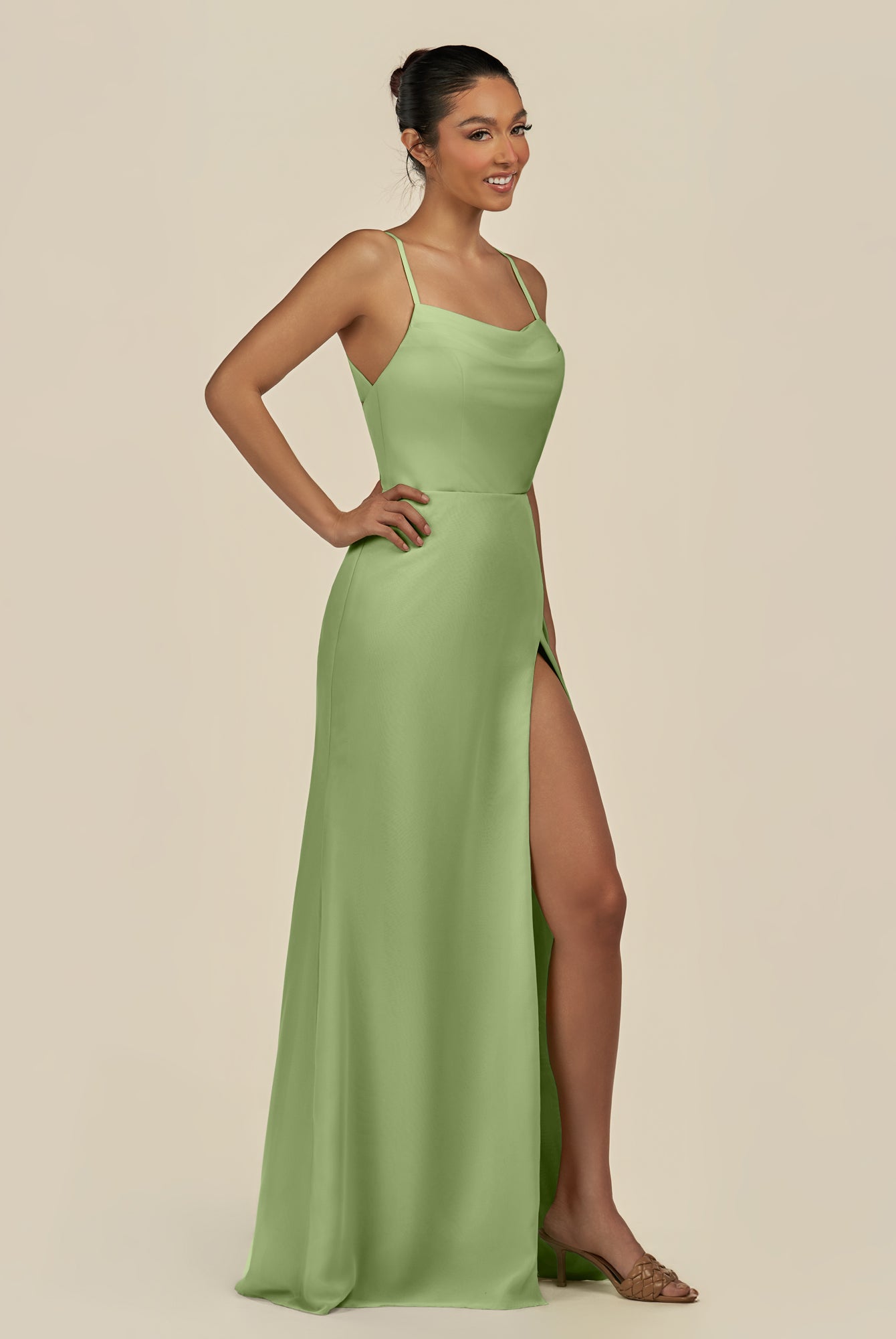 KissDress-Unity Matcha Sheath Spaghetti Straps Chiffon Ruched Long Bridesmaid Dress
