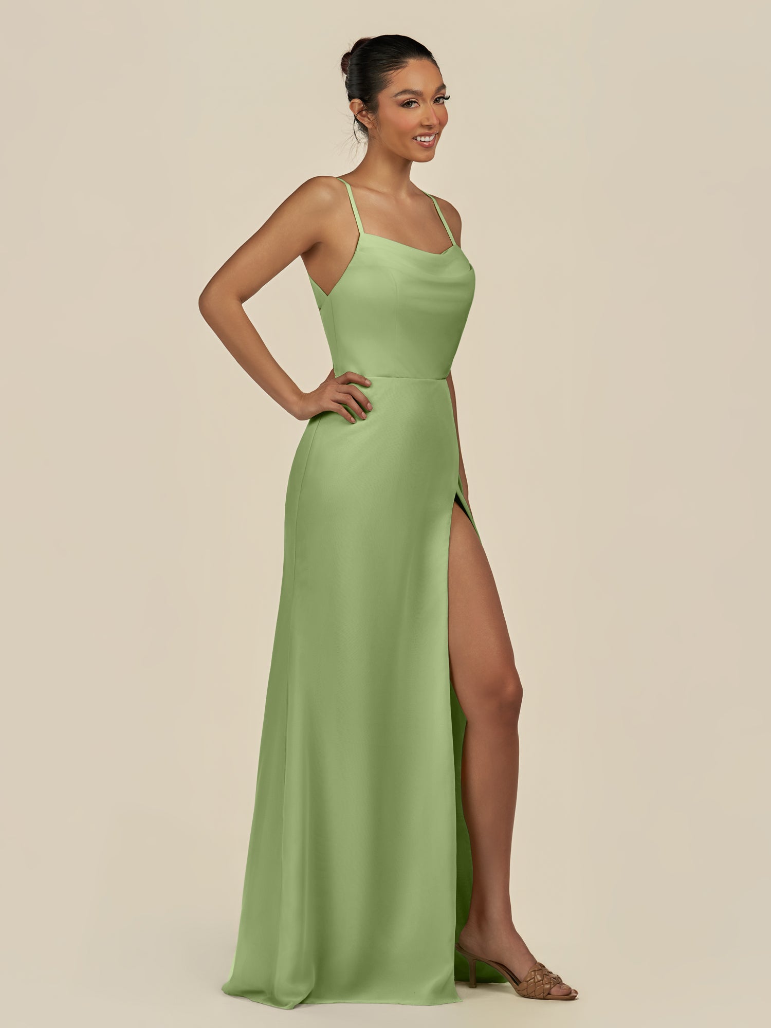 KissDress-Unity Matcha Sheath Spaghetti Straps Chiffon Ruched Long Bridesmaid Dress