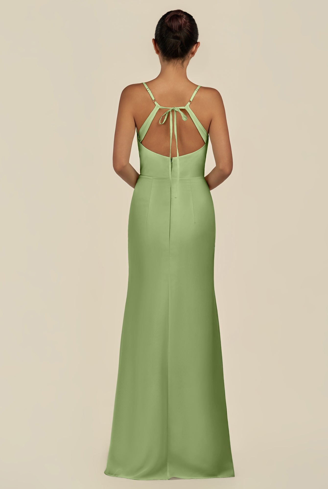 KissDress-Unity Matcha Sheath Spaghetti Straps Chiffon Ruched Long Bridesmaid Dress