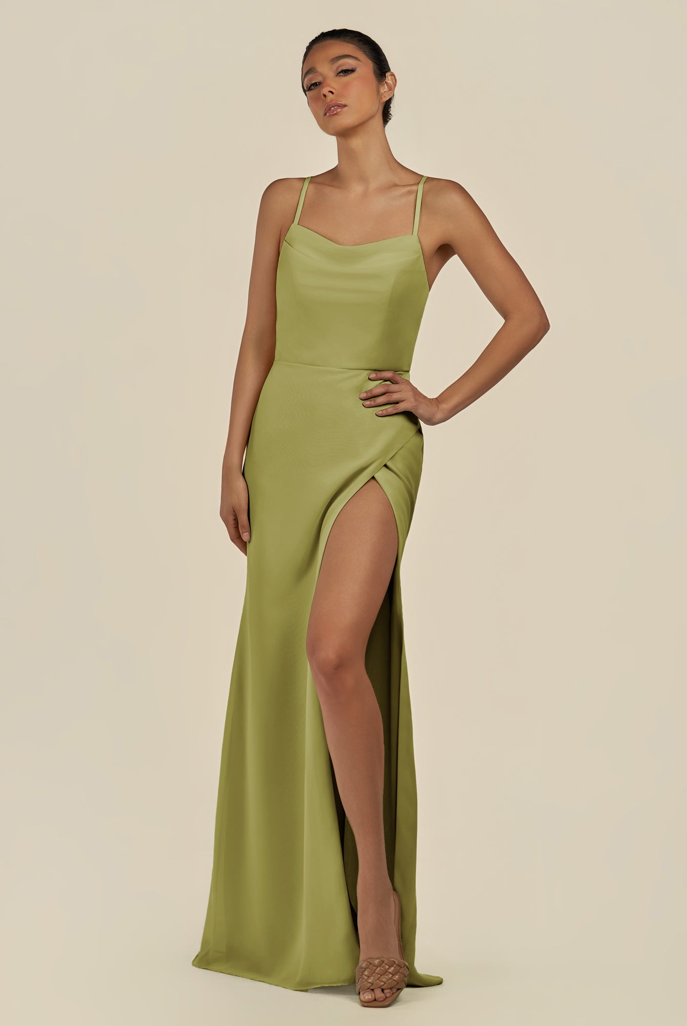 KissDress-Unity Moss Green Sheath Spaghetti Straps Chiffon Ruched Long Bridesmaid Dress