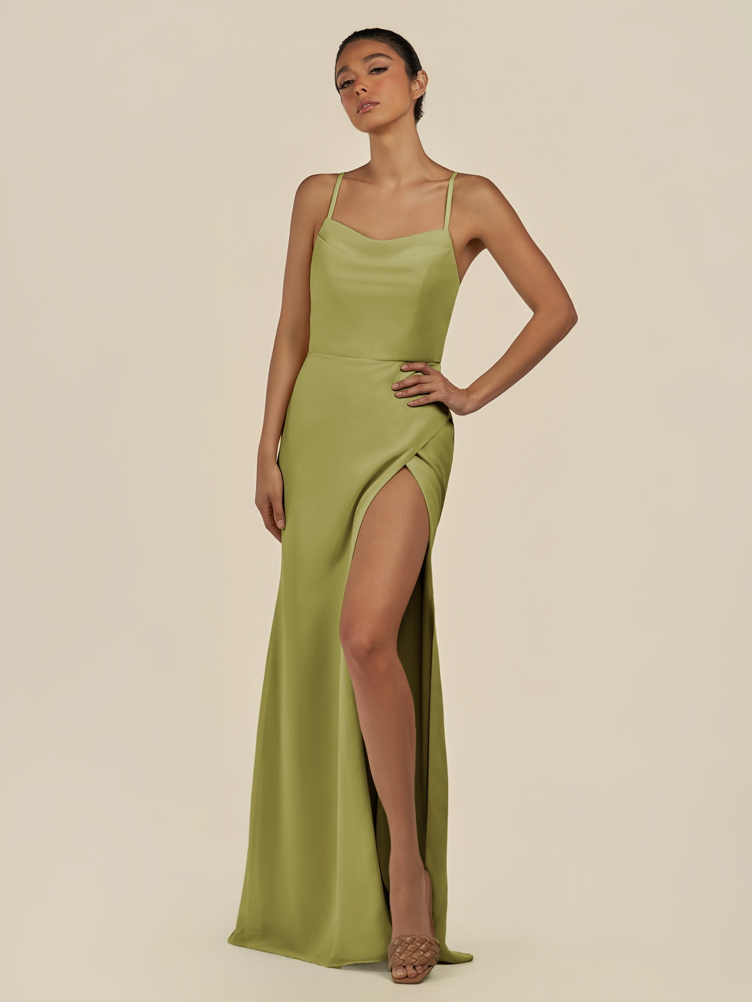KissDress-Unity Moss Green Sheath Spaghetti Straps Chiffon Ruched Long Bridesmaid Dress