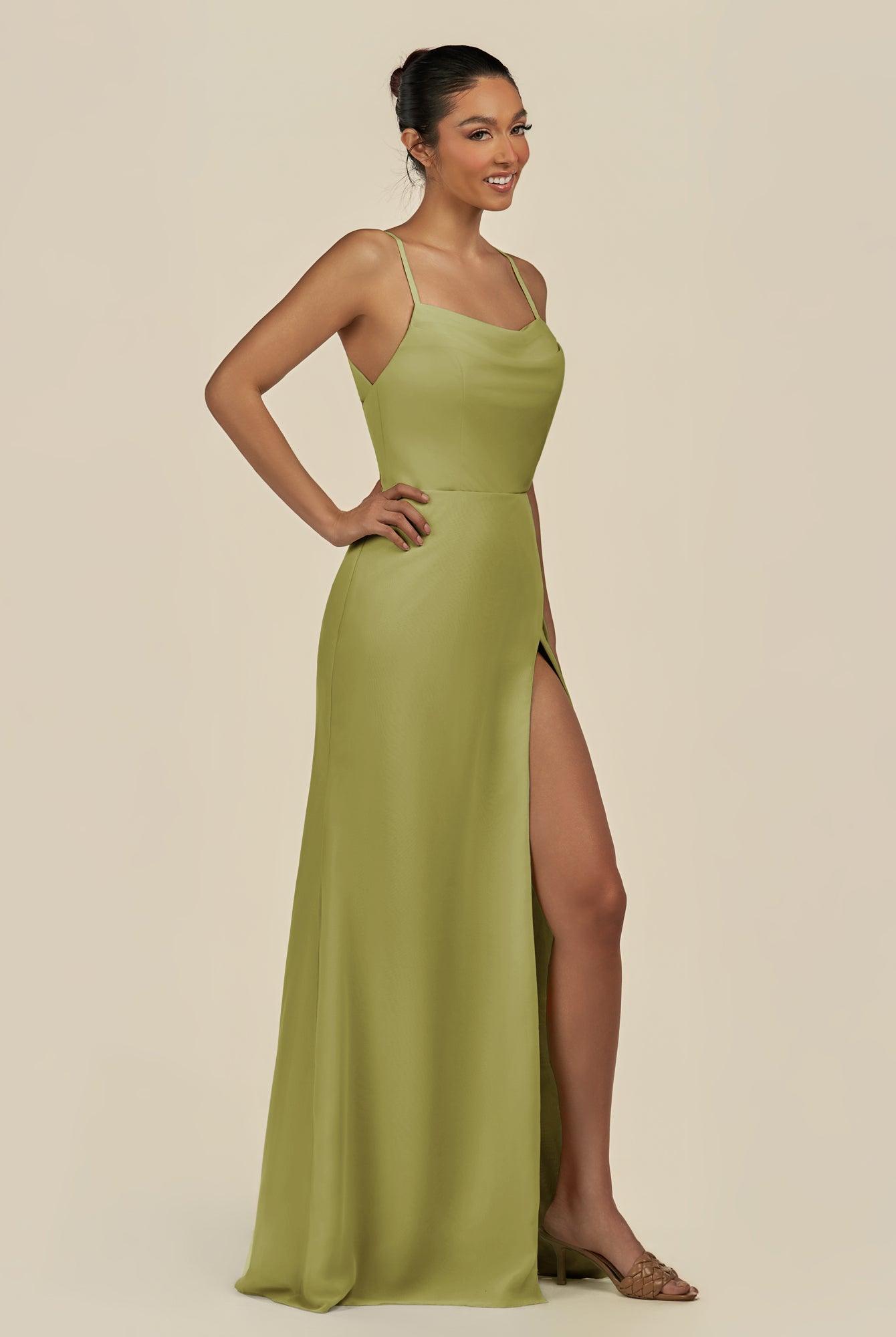 KissDress-Unity Moss Green Sheath Spaghetti Straps Chiffon Ruched Long Bridesmaid Dress