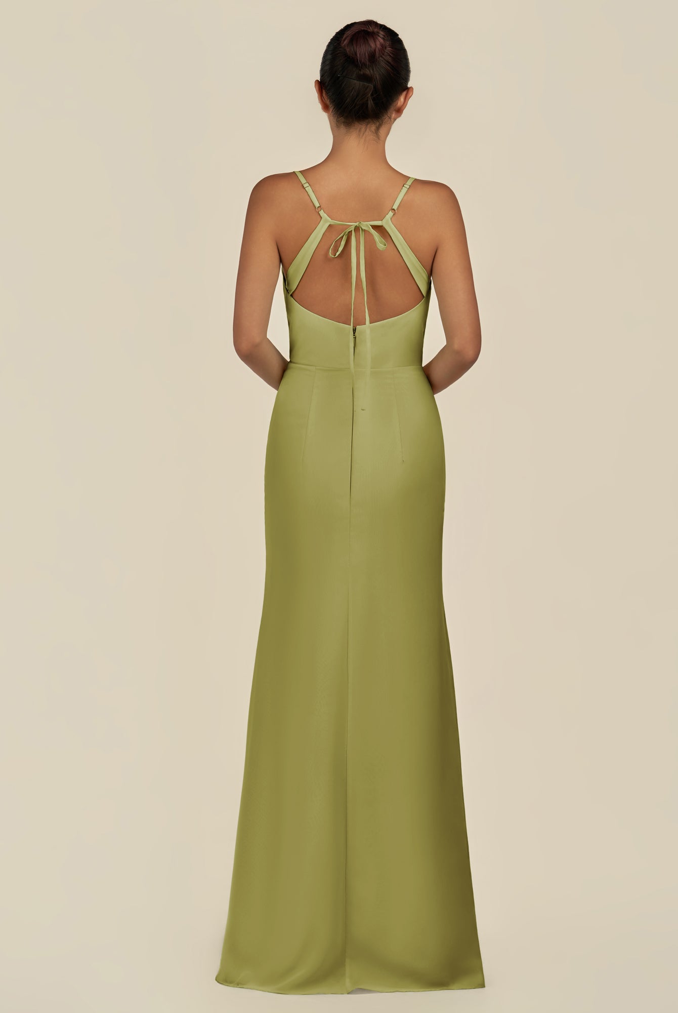 KissDress-Unity Moss Green Sheath Spaghetti Straps Chiffon Ruched Long Bridesmaid Dress