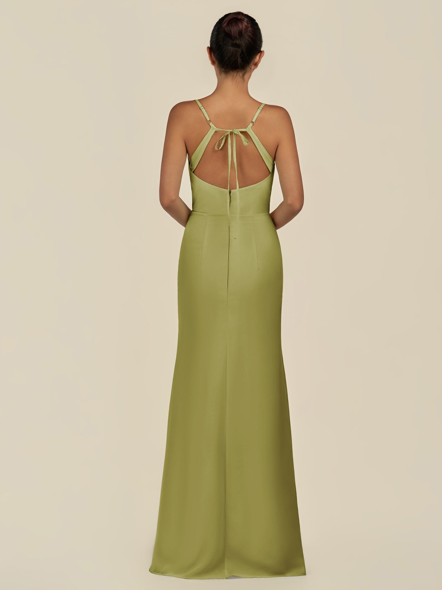 KissDress-Unity Moss Green Sheath Spaghetti Straps Chiffon Ruched Long Bridesmaid Dress
