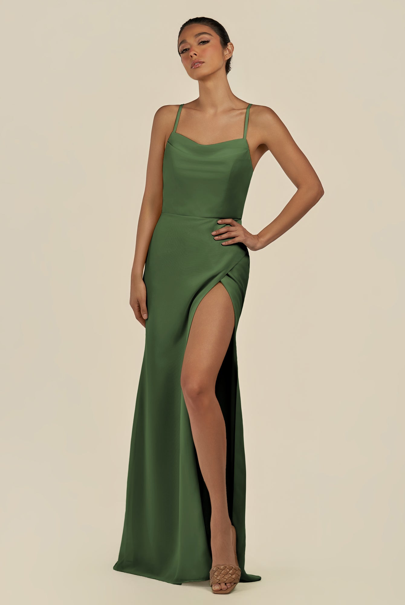 KissDress-Unity Moss Sheath Spaghetti Straps Chiffon Ruched Long Bridesmaid Dress