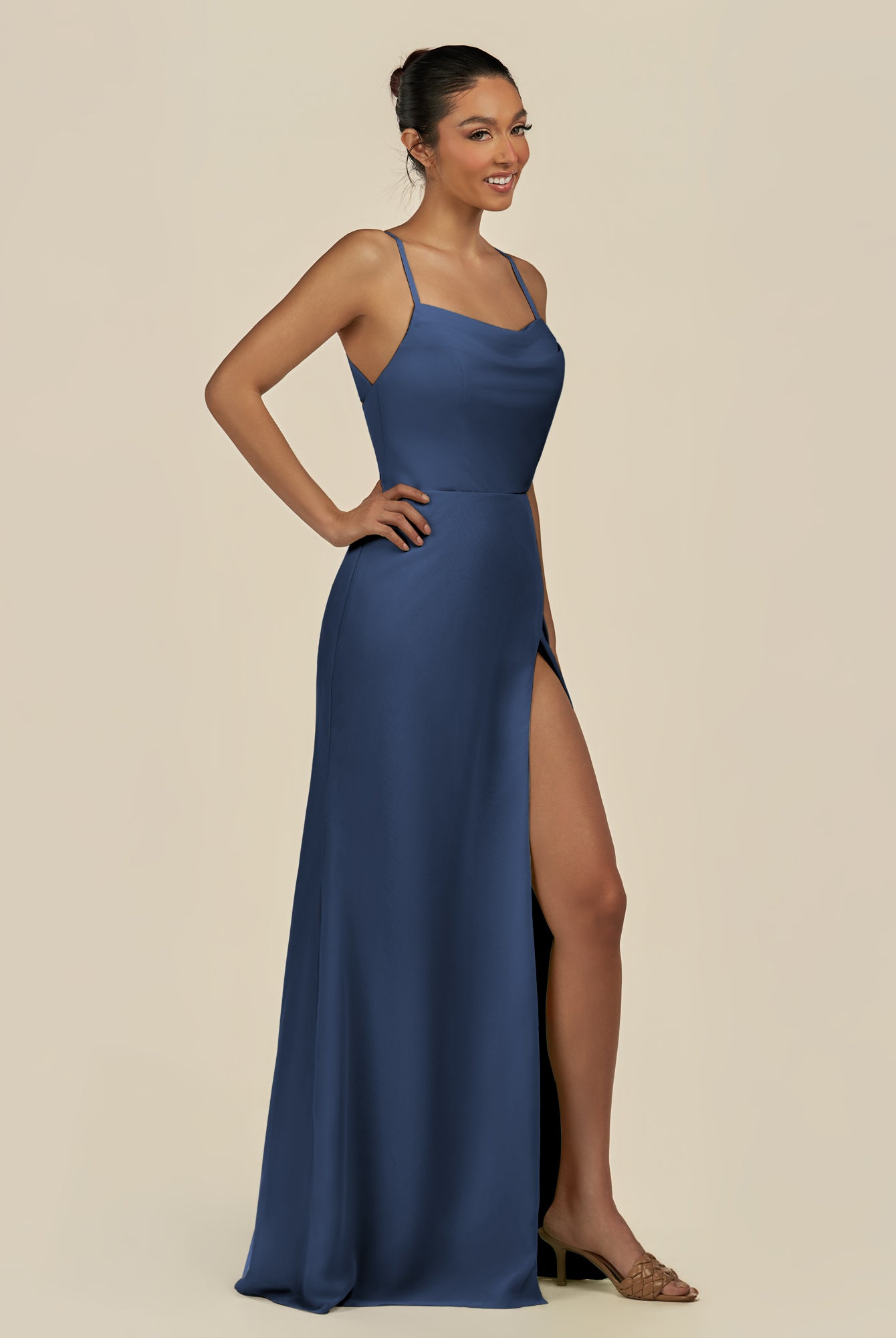 KissDress-Unity Navy Sheath Spaghetti Straps Chiffon Ruched Long Bridesmaid Dress