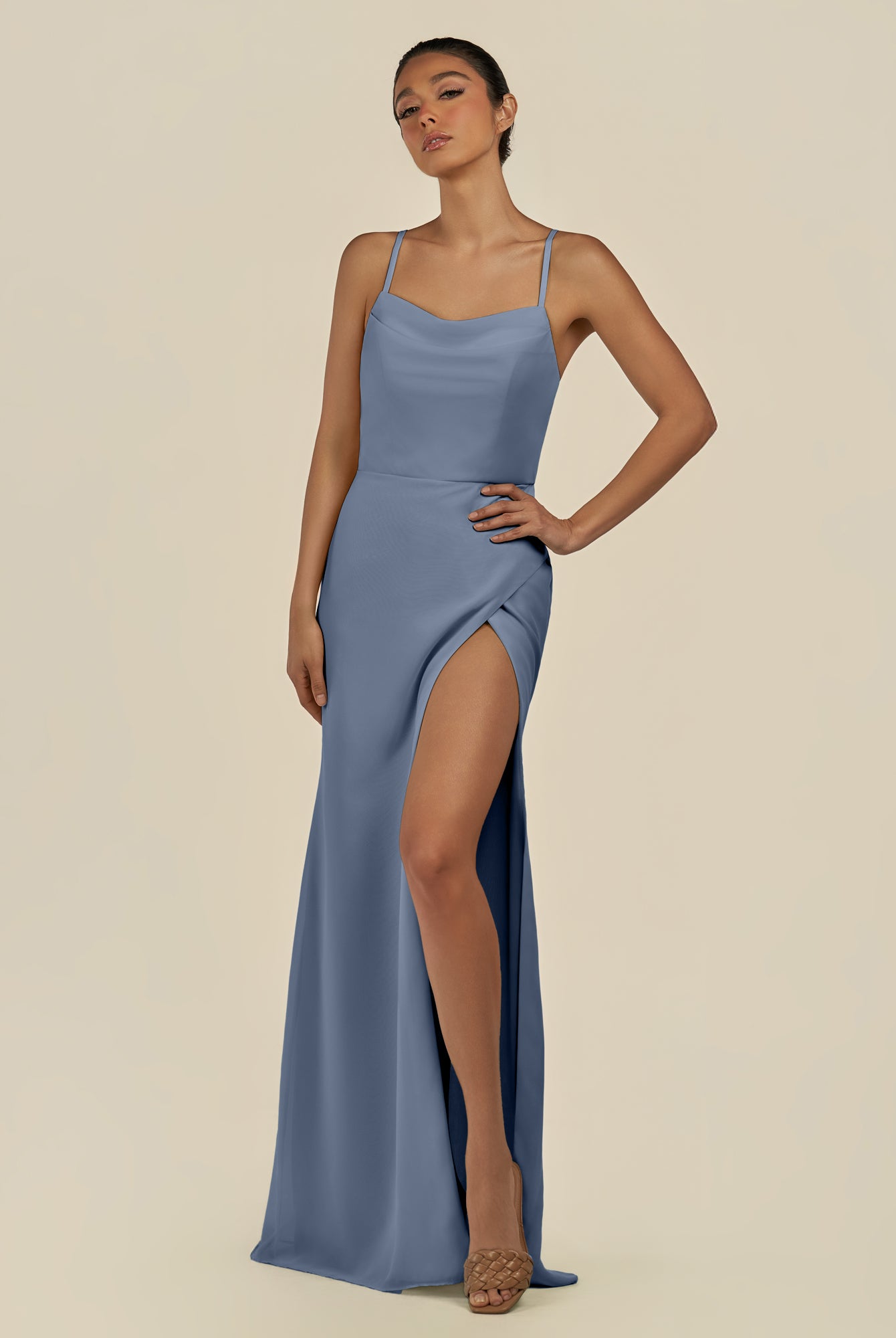 KissDress-Unity Neptune Sheath Spaghetti Straps Chiffon Ruched Long Bridesmaid Dress