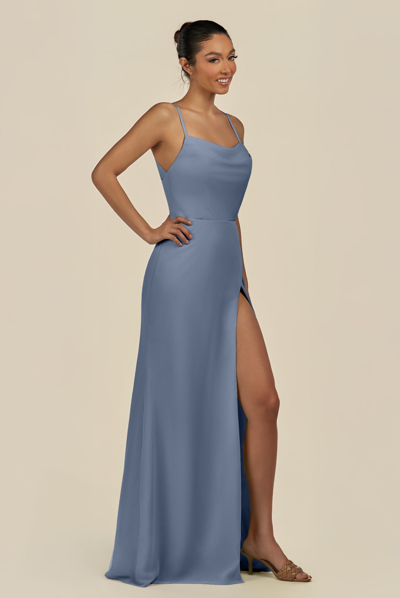 KissDress-Unity Neptune Sheath Spaghetti Straps Chiffon Ruched Long Bridesmaid Dress