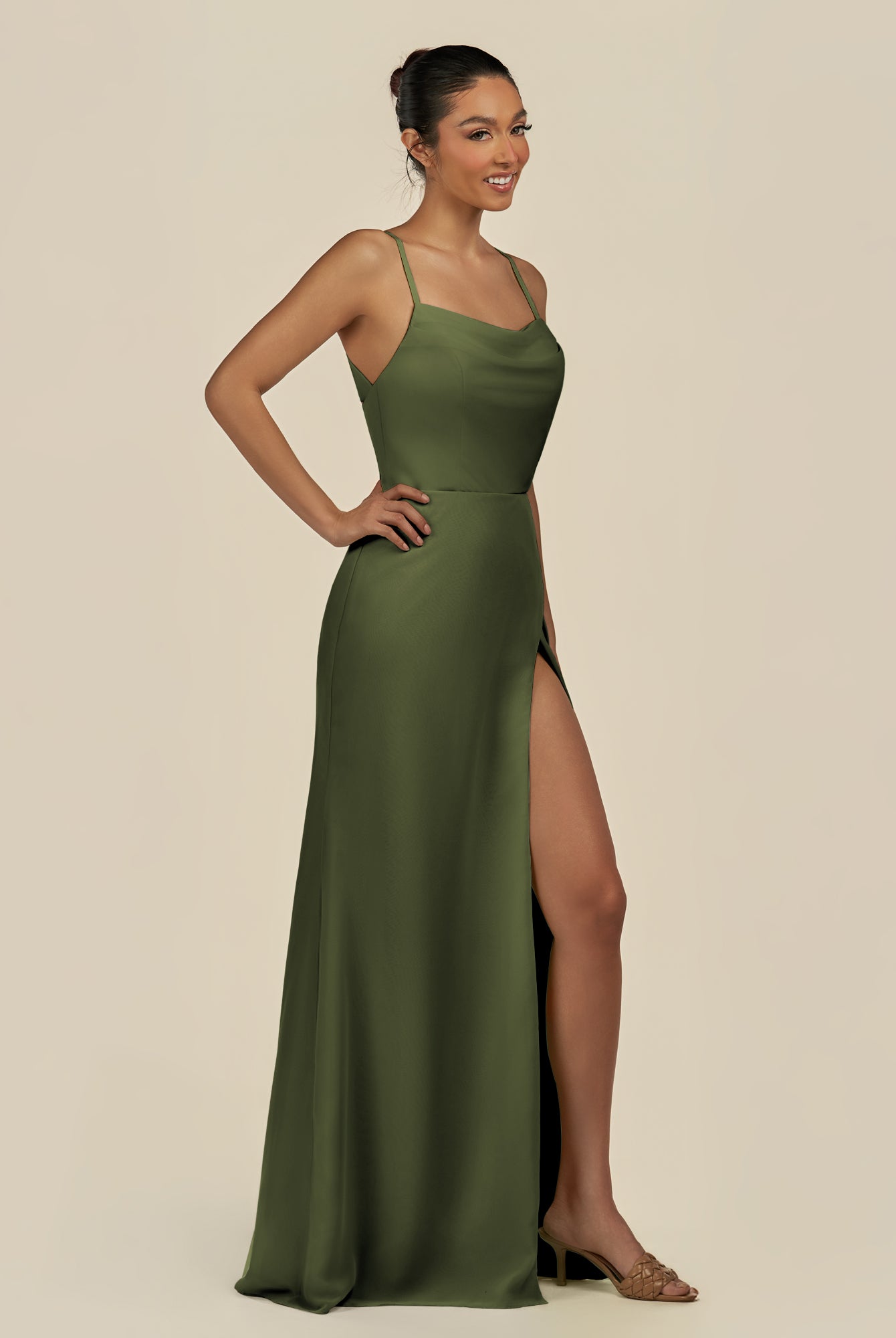 KissDress-Unity Olive Sheath Spaghetti Straps Chiffon Ruched Long Bridesmaid Dress