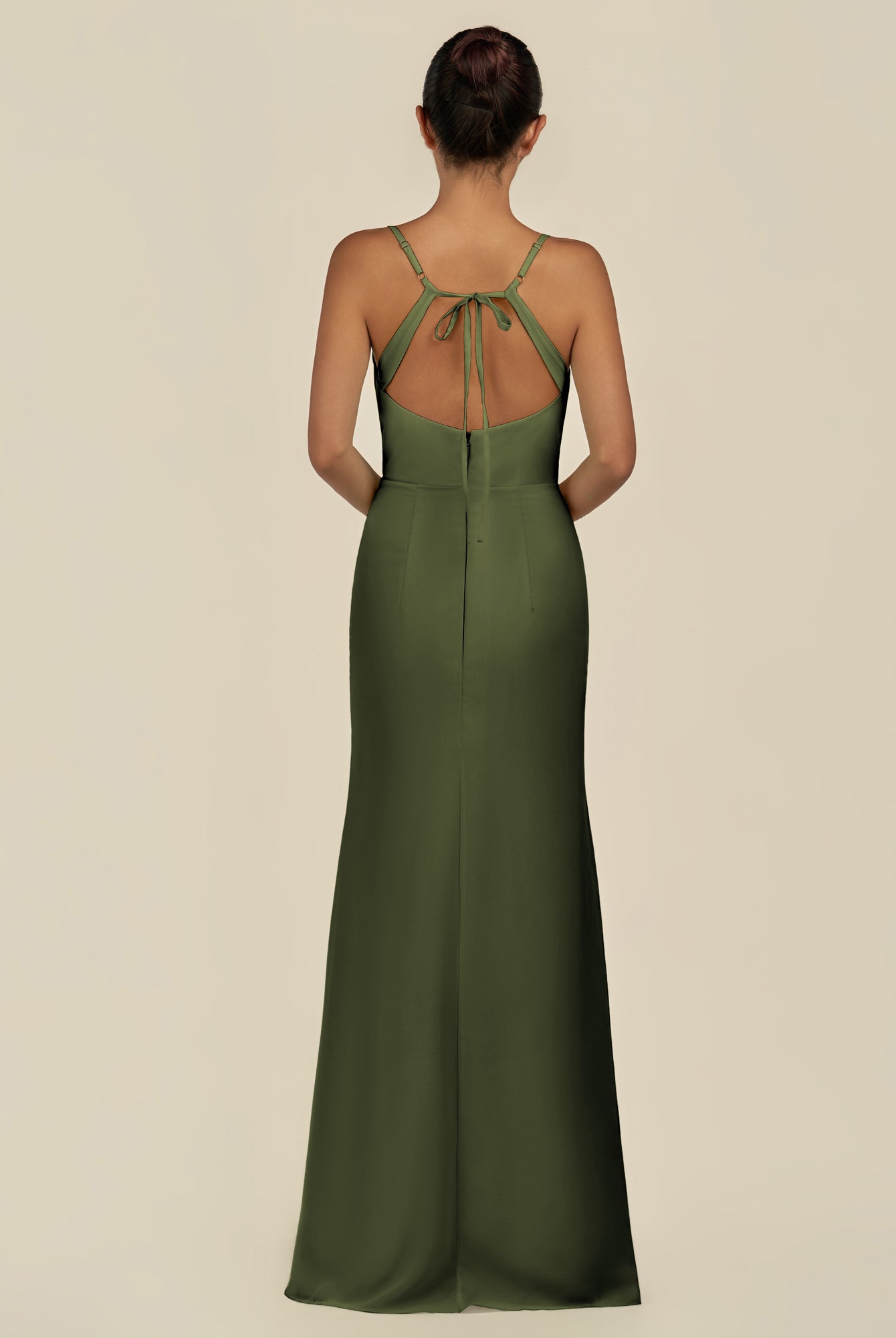 KissDress-Unity Olive Sheath Spaghetti Straps Chiffon Ruched Long Bridesmaid Dress