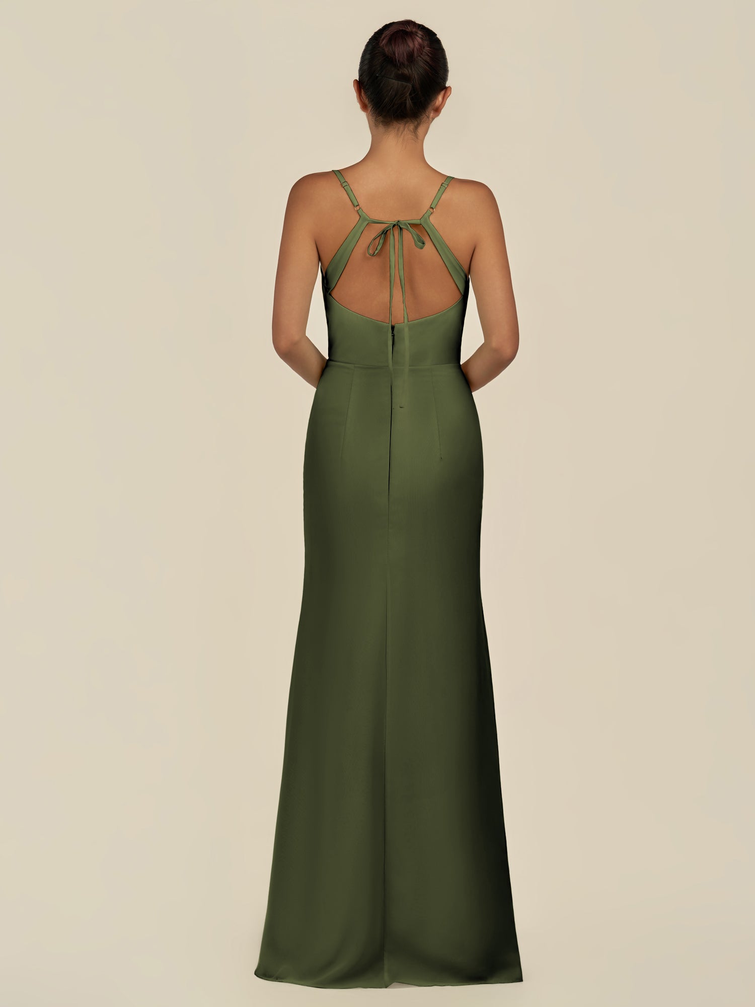 KissDress-Unity Olive Sheath Spaghetti Straps Chiffon Ruched Long Bridesmaid Dress