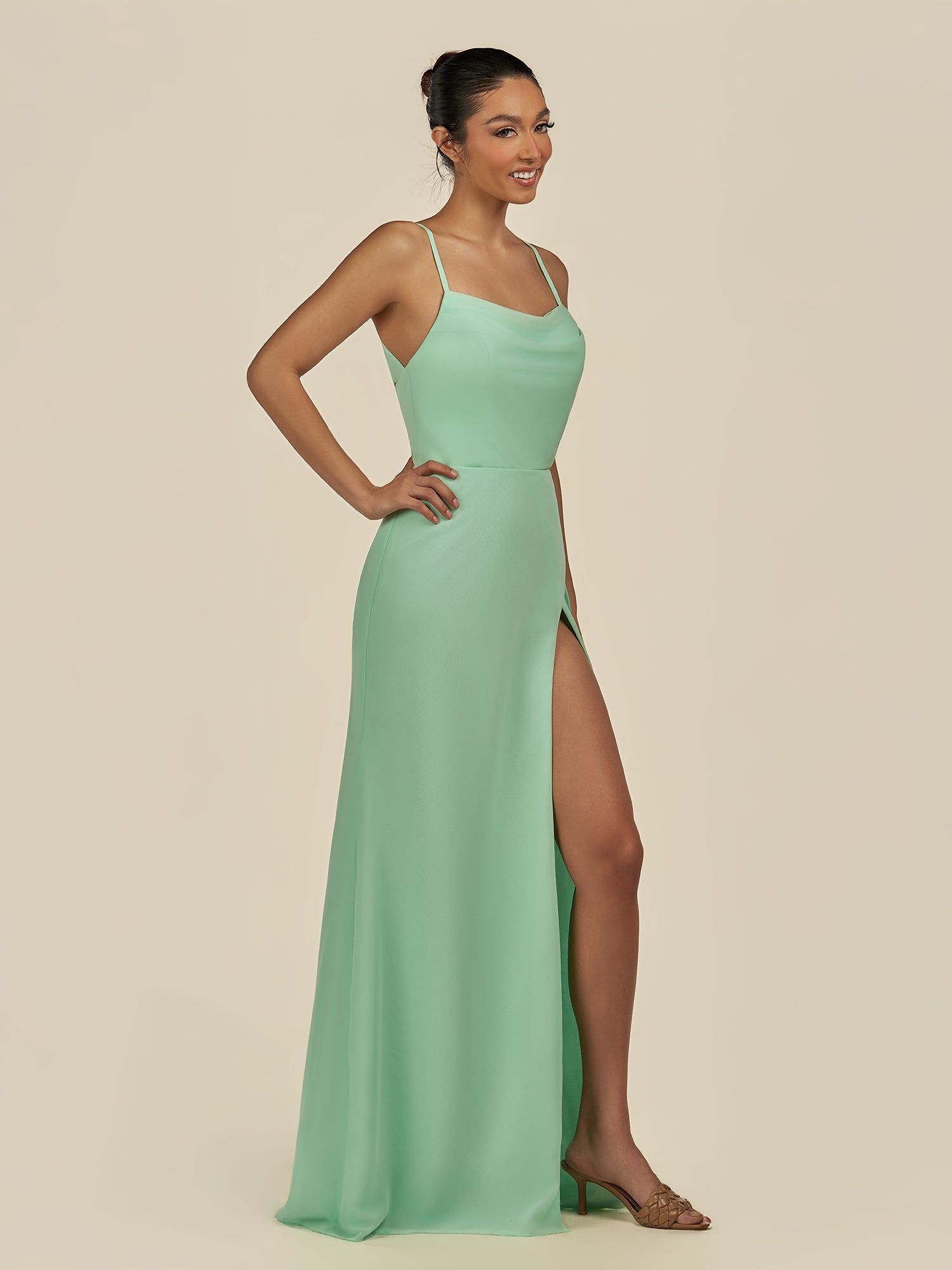 KissDress-Unity Pale Pistachio Sheath Spaghetti Straps Chiffon Ruched Long Bridesmaid Dress