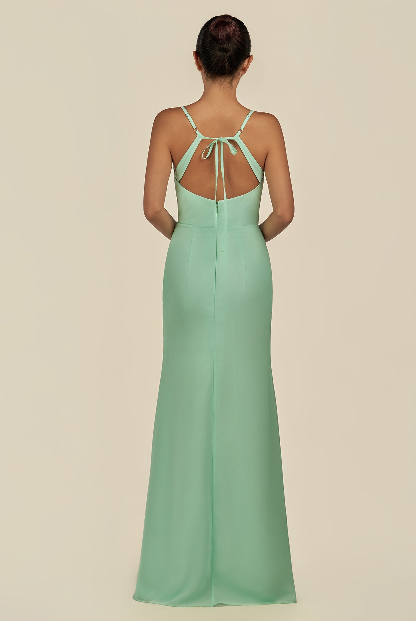 KissDress-Unity Pale Pistachio Sheath Spaghetti Straps Chiffon Ruched Long Bridesmaid Dress