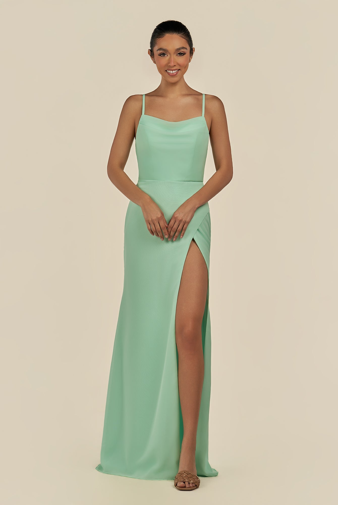 KissDress-Unity Pale Pistachio Sheath Spaghetti Straps Chiffon Ruched Long Bridesmaid Dress