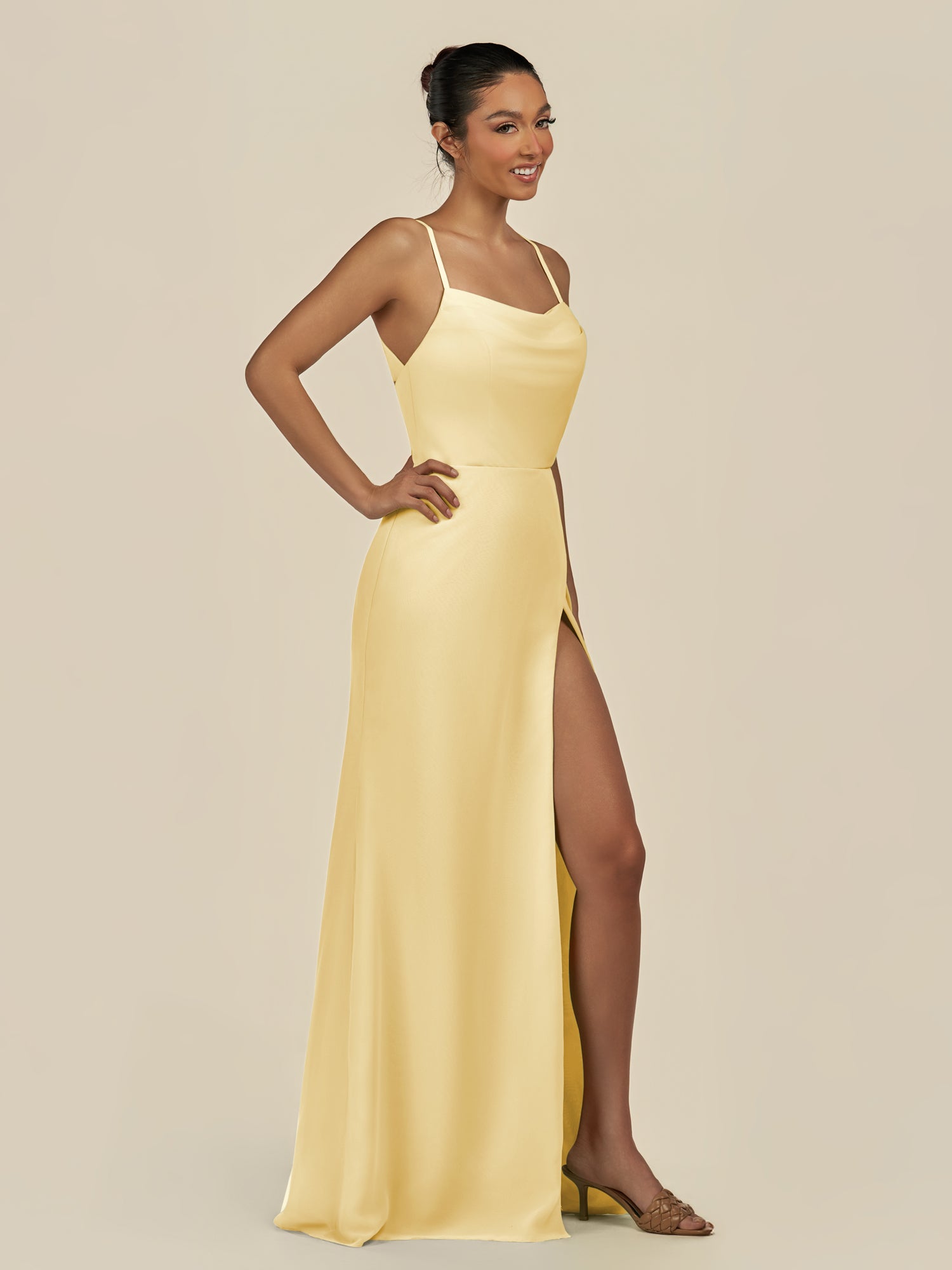 KissDress-Unity Pastel Yellow Sheath Spaghetti Straps Chiffon Ruched Long Bridesmaid Dress