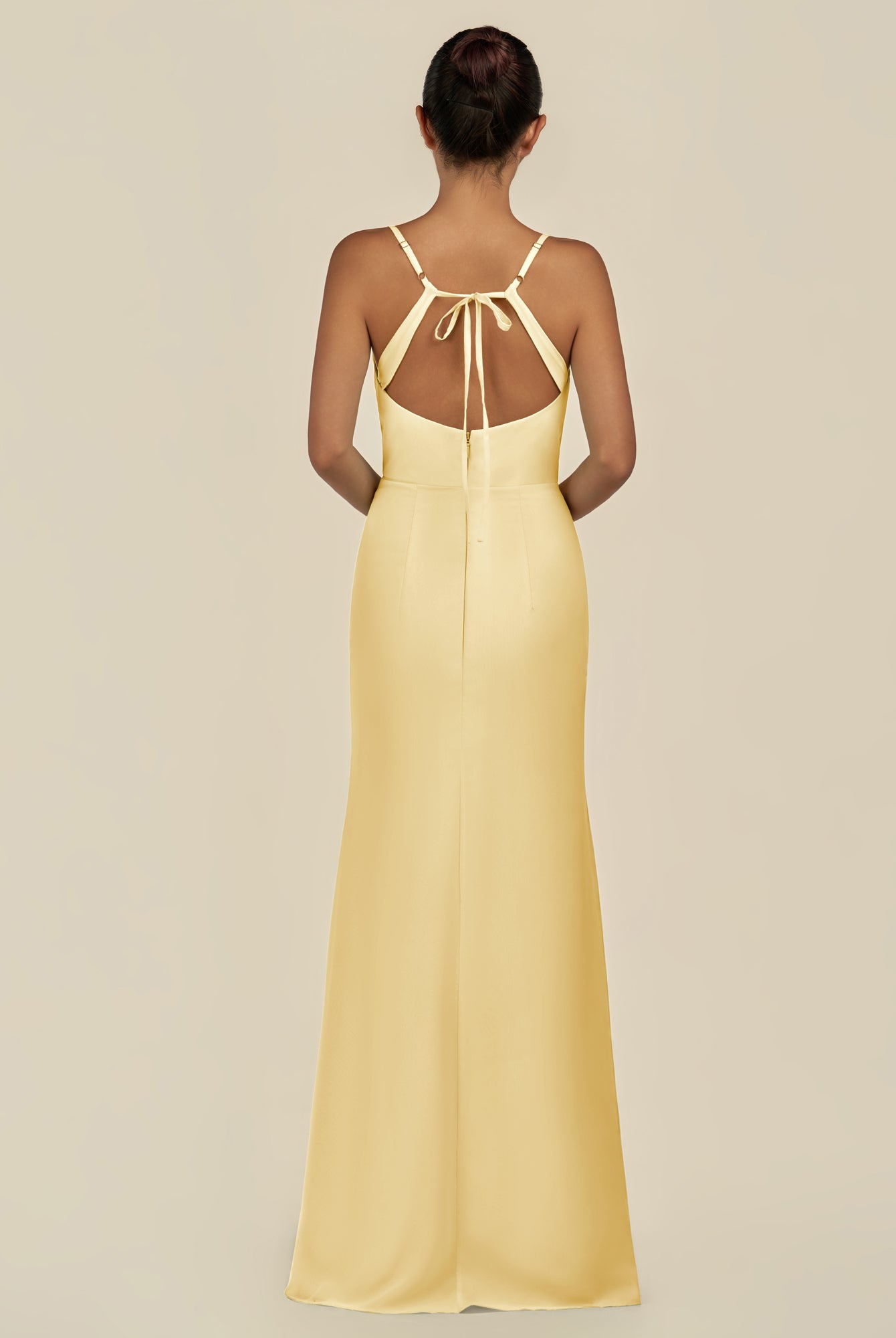KissDress-Unity Pastel Yellow Sheath Spaghetti Straps Chiffon Ruched Long Bridesmaid Dress