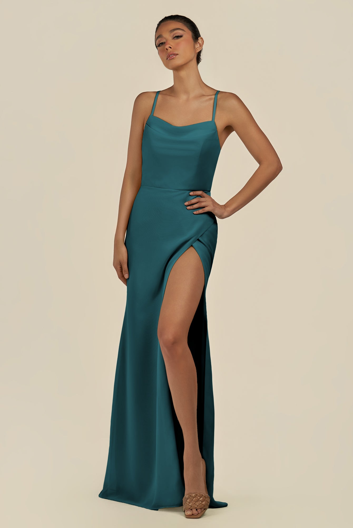 KissDress-Unity Pine Sheath Spaghetti Straps Chiffon Ruched Long Bridesmaid Dress