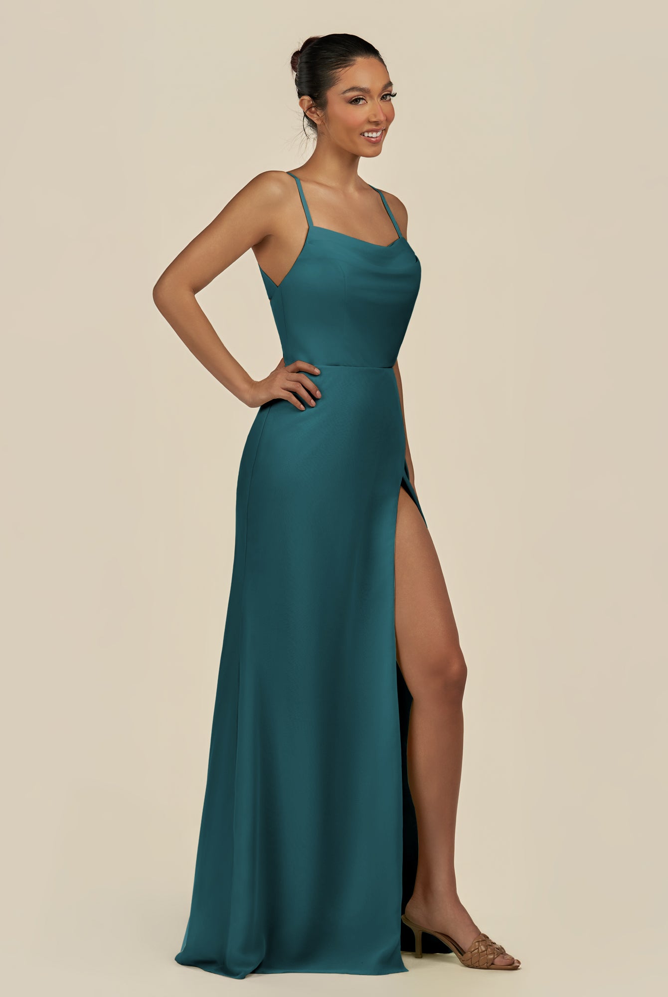 KissDress-Unity Pine Sheath Spaghetti Straps Chiffon Ruched Long Bridesmaid Dress