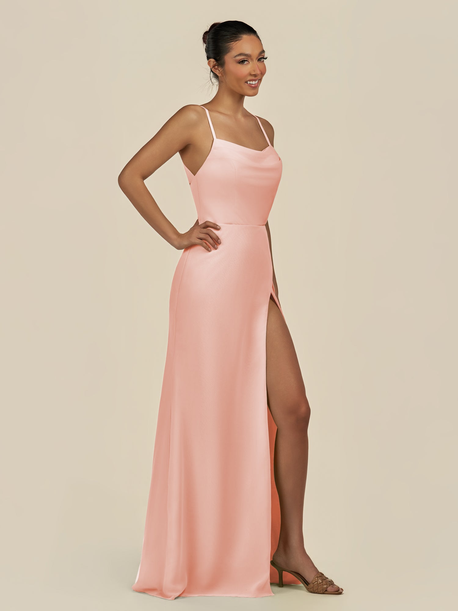 KissDress-Unity Rose Petal Sheath Spaghetti Straps Chiffon Ruched Long Bridesmaid Dress