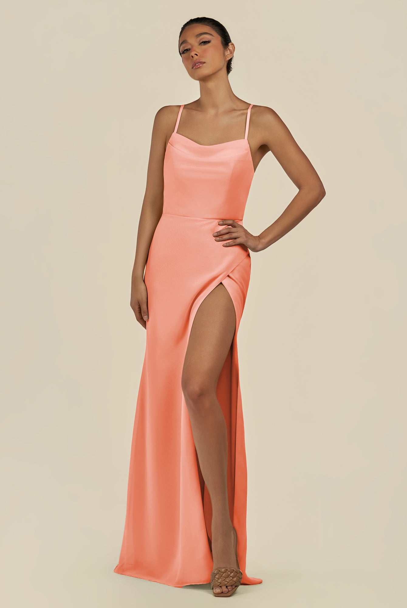 KissDress-Unity Rosette Sheath Spaghetti Straps Chiffon Ruched Long Bridesmaid Dress