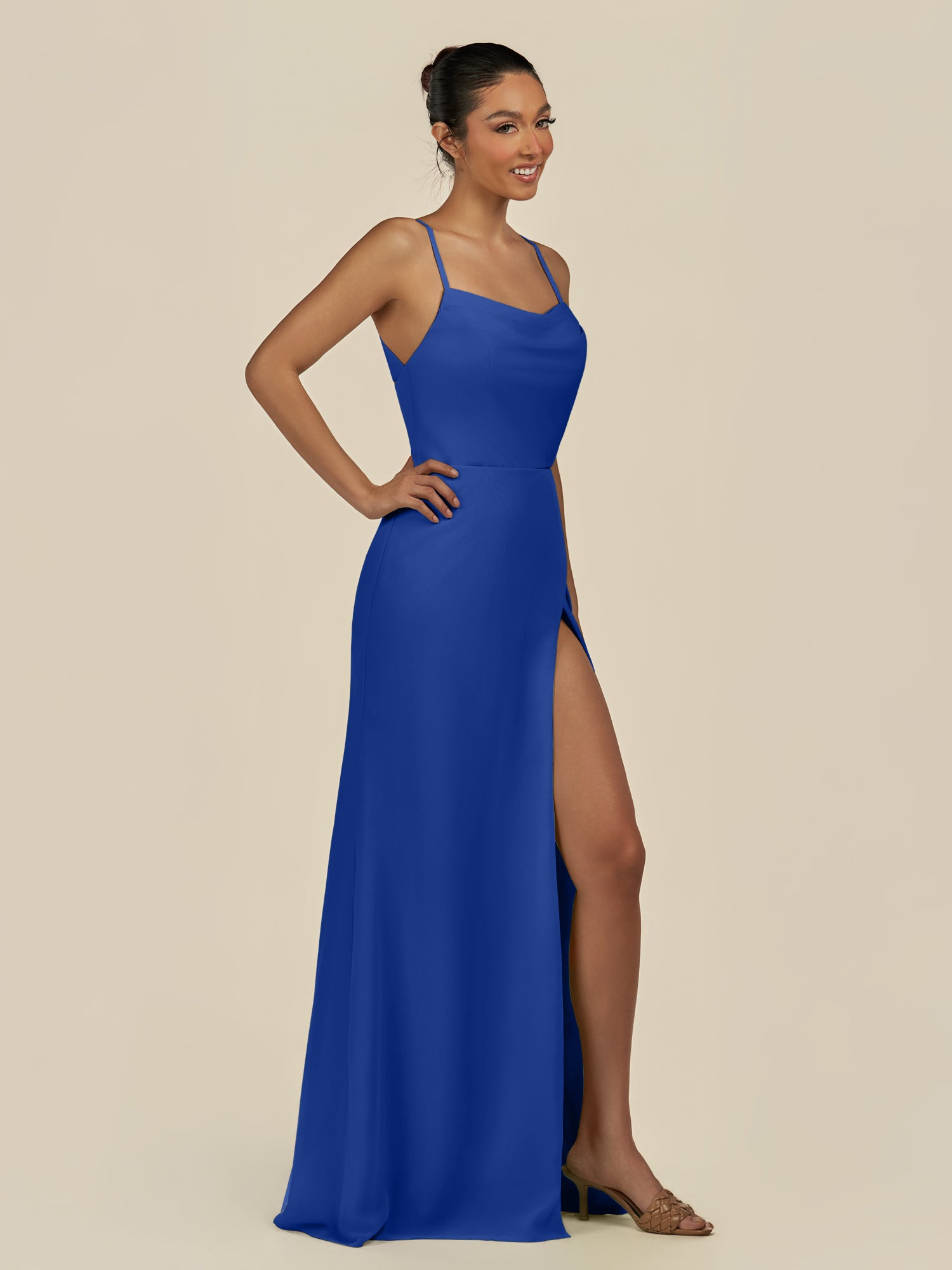KissDress-Unity Royal Blue Sheath Spaghetti Straps Chiffon Ruched Long Bridesmaid Dress