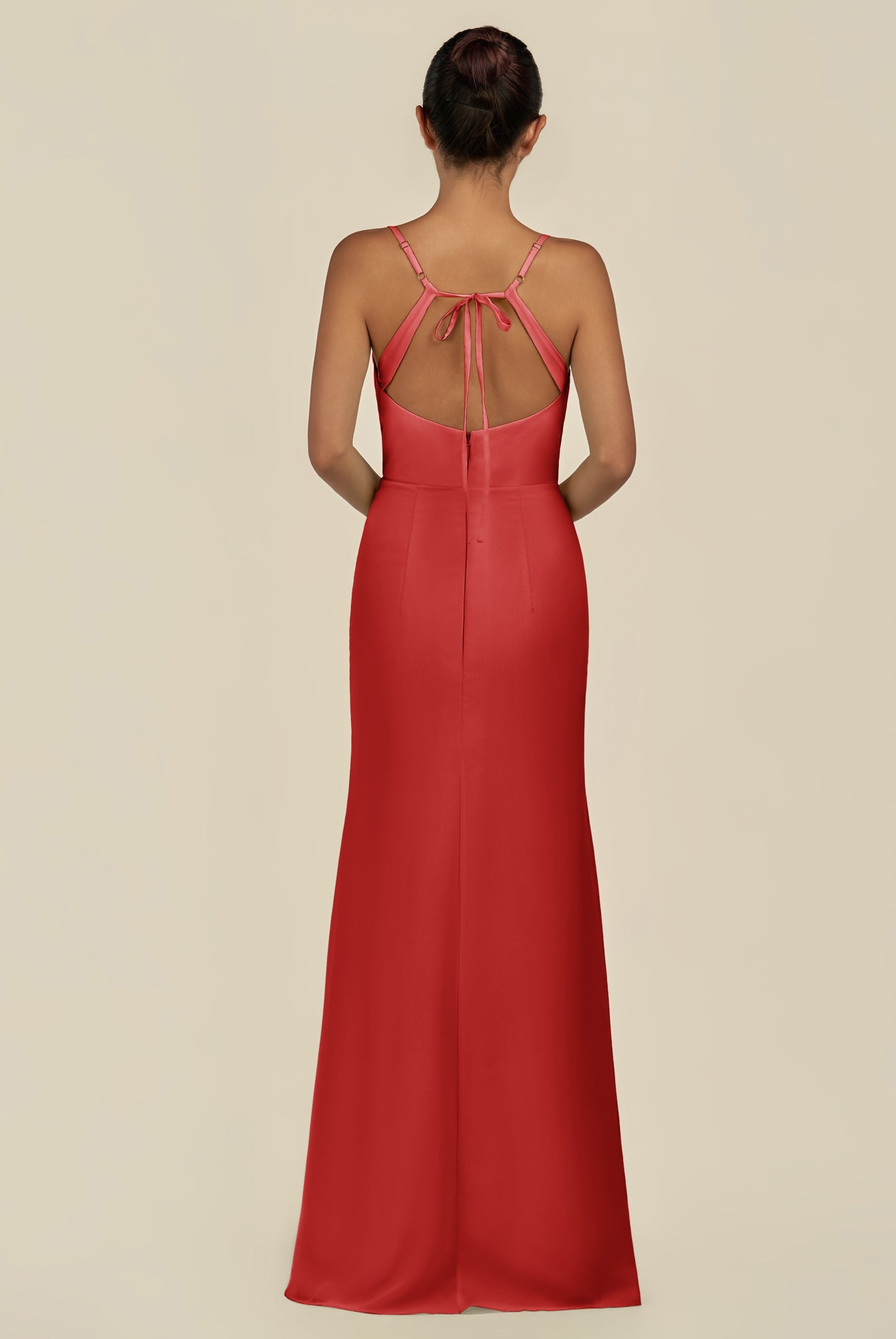 KissDress-Unity Ruby Red Sheath Spaghetti Straps Chiffon Ruched Long Bridesmaid Dress