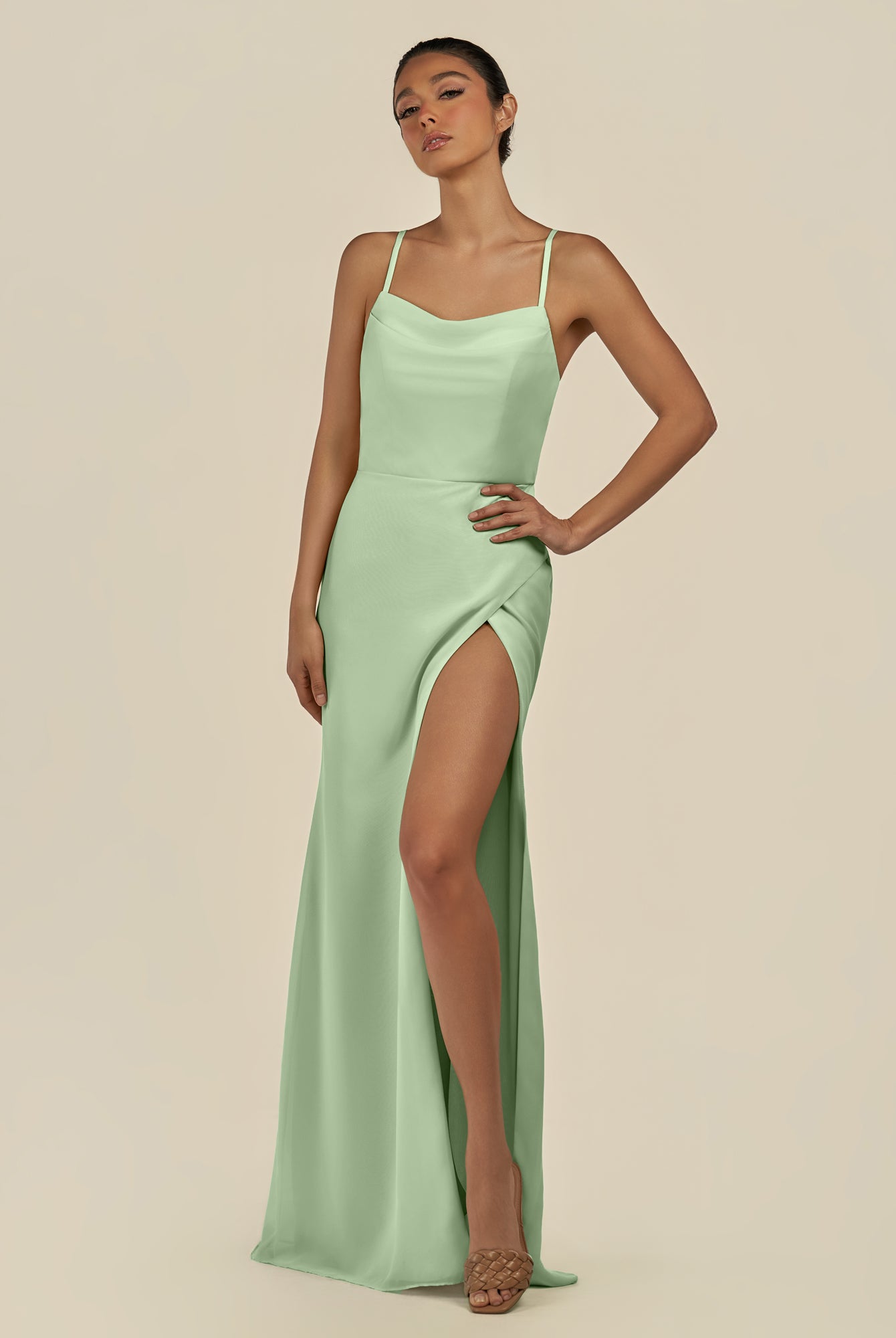 KissDress-Unity Sage Sheath Spaghetti Straps Chiffon Ruched Long Bridesmaid Dress