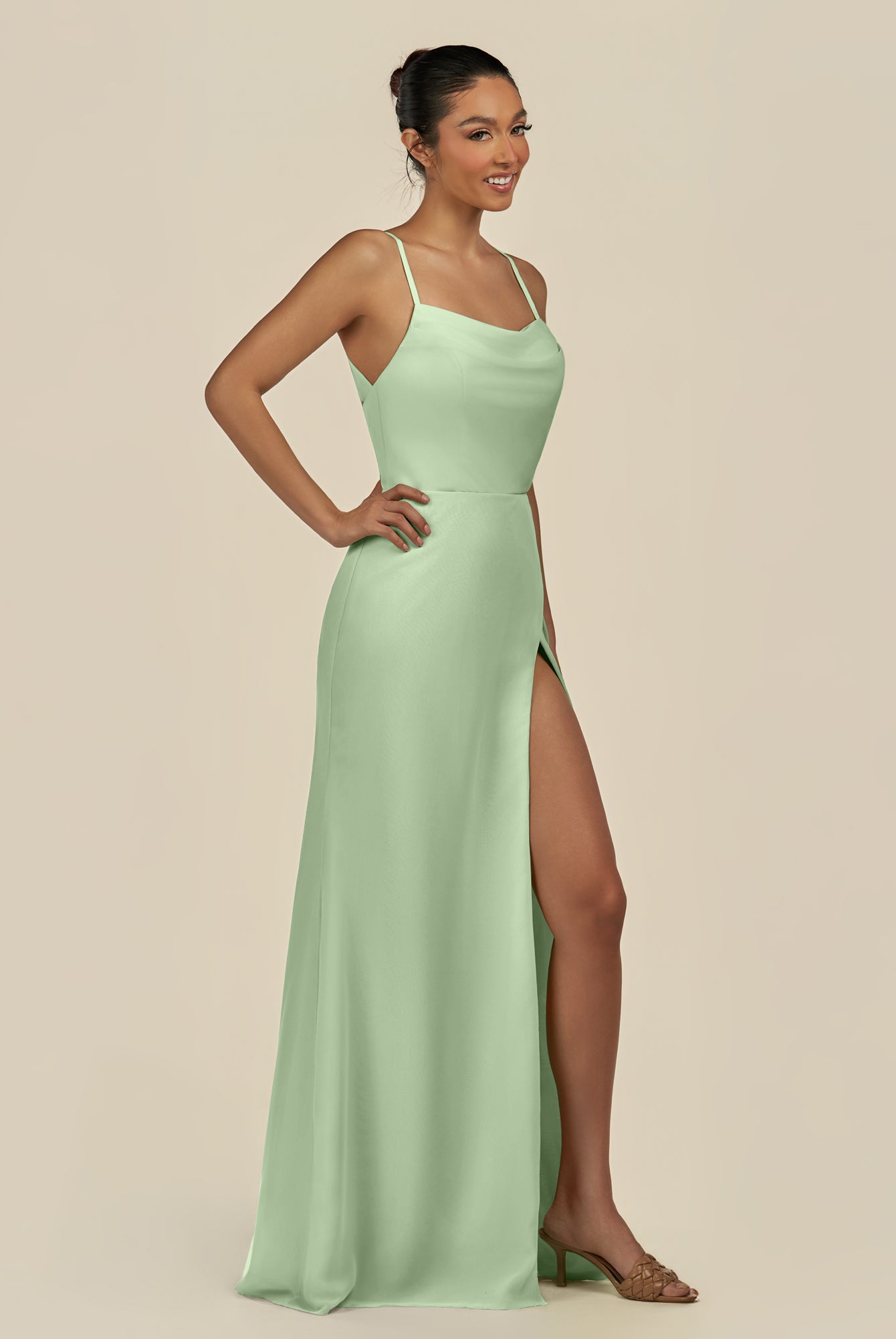 KissDress-Unity Sage Sheath Spaghetti Straps Chiffon Ruched Long Bridesmaid Dress