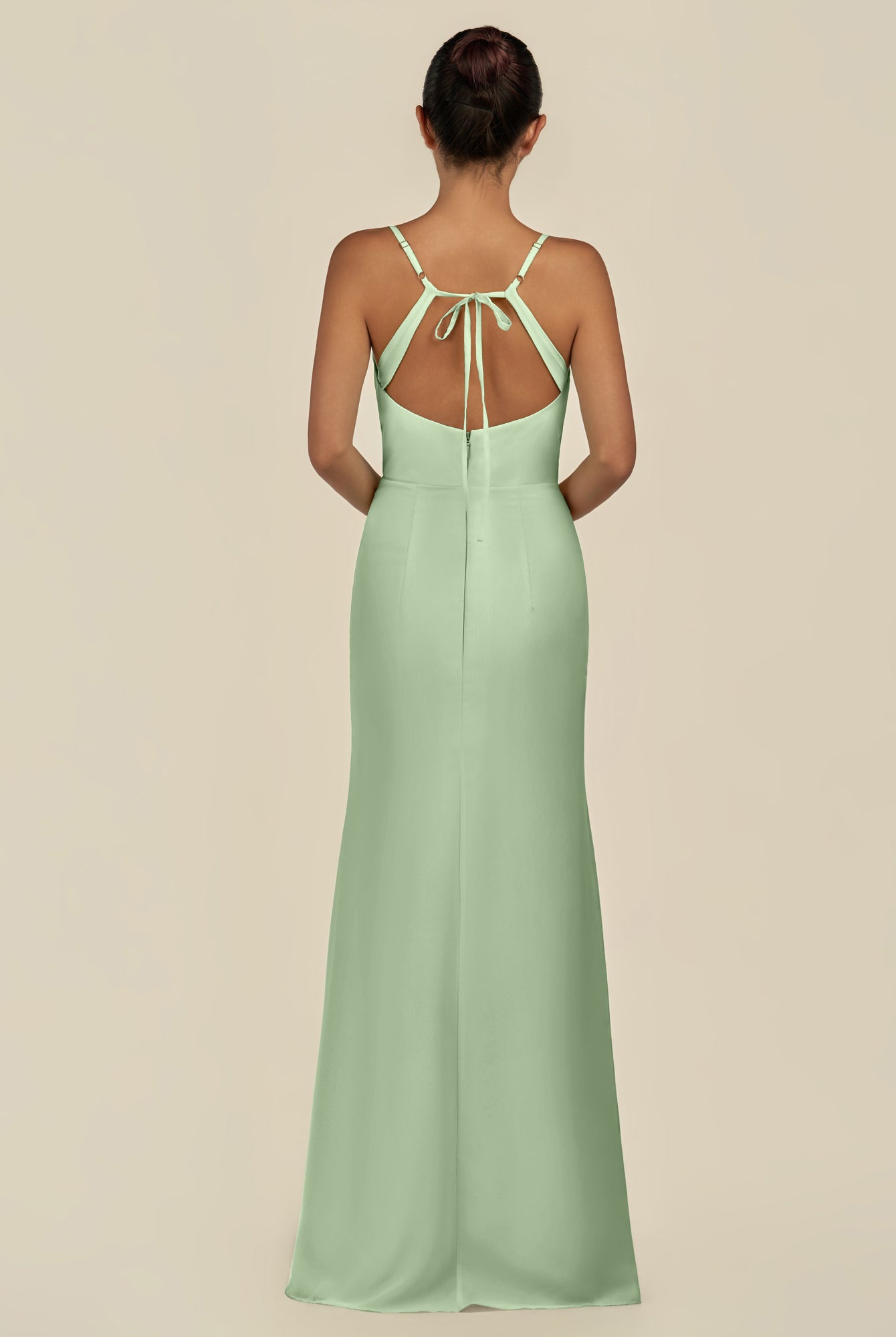 KissDress-Unity Sage Sheath Spaghetti Straps Chiffon Ruched Long Bridesmaid Dress