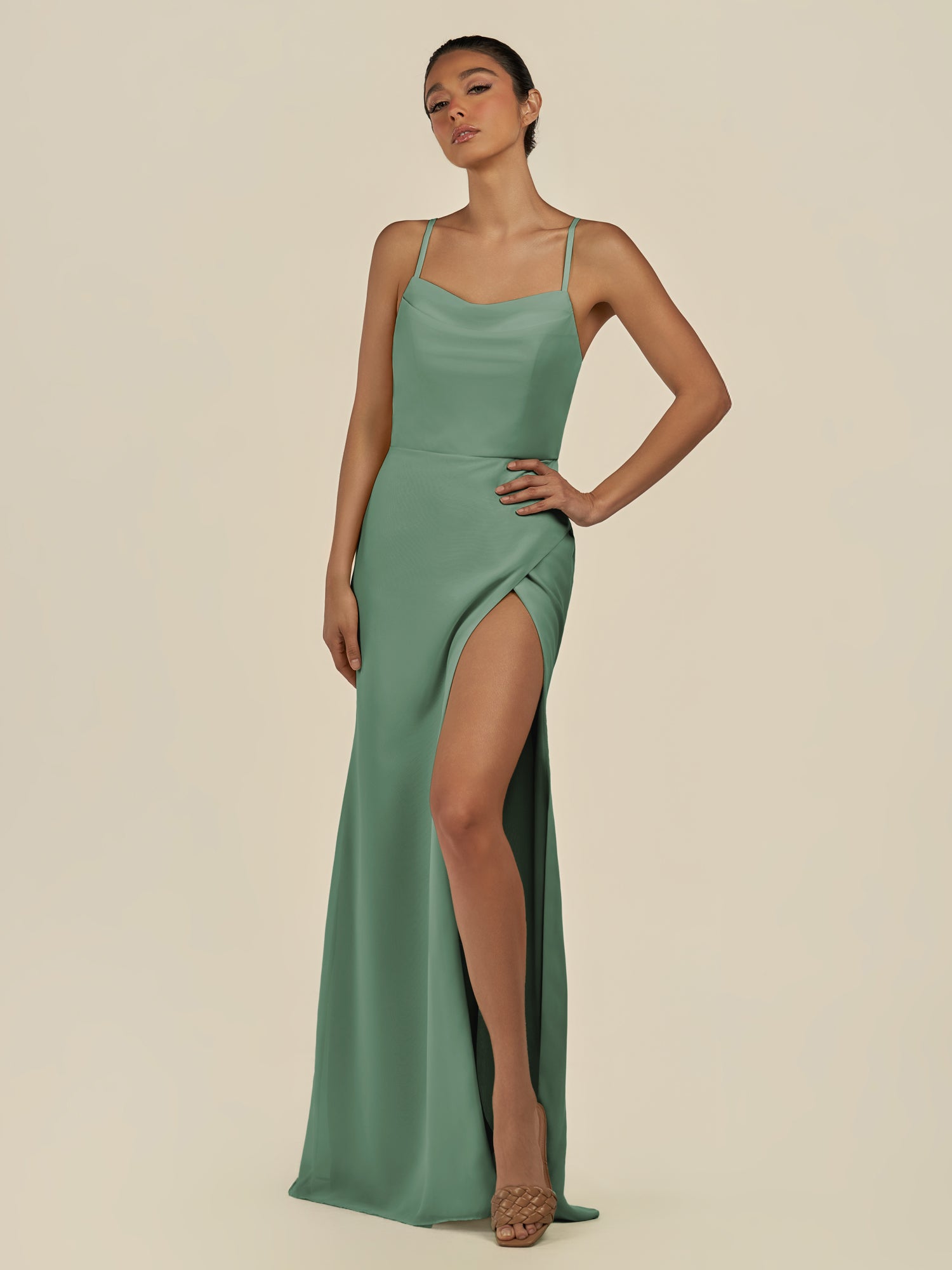 KissDress-Unity Sea Glass Sheath Spaghetti Straps Chiffon Ruched Long Bridesmaid Dress
