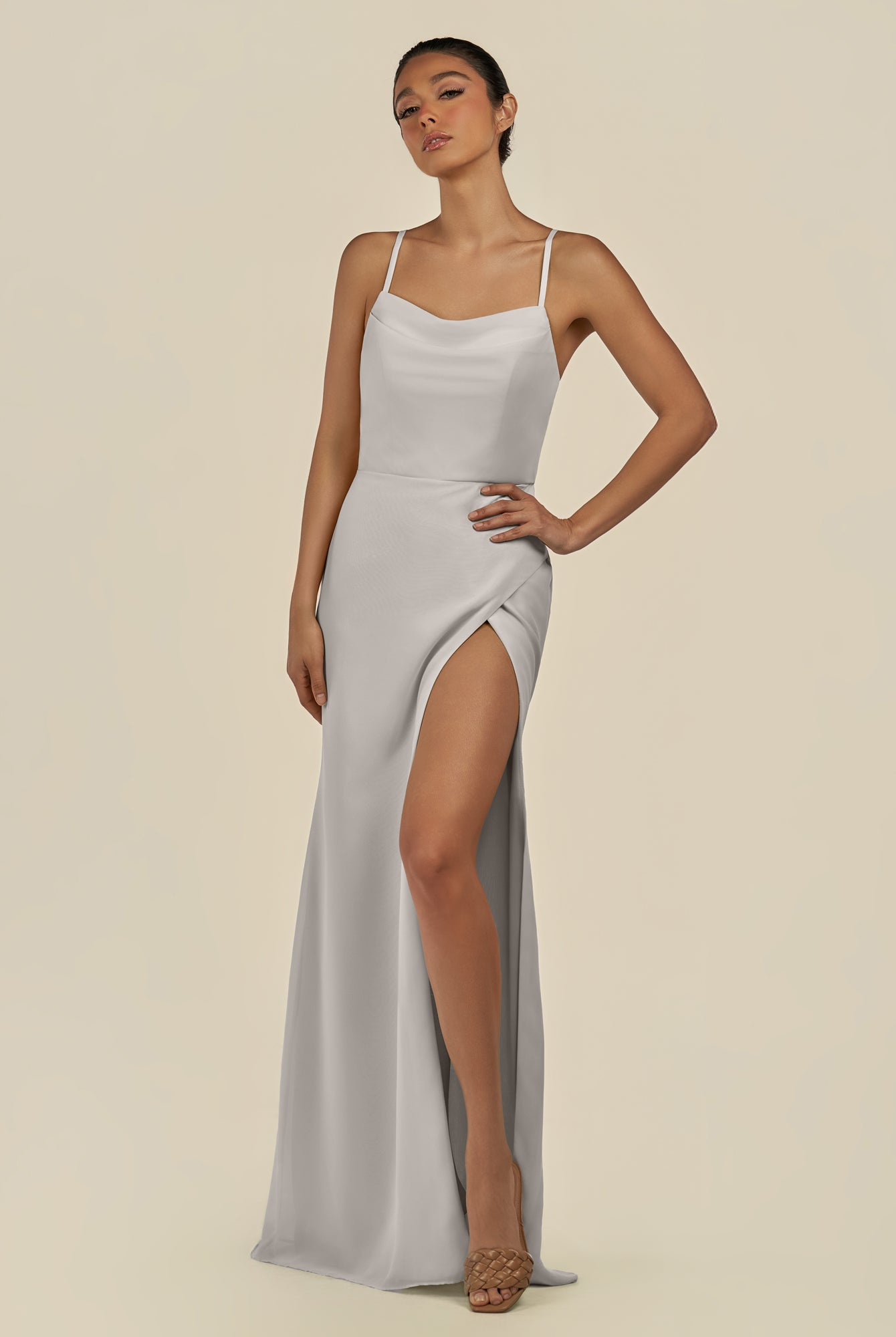 KissDress-Unity Silver Sheath Spaghetti Straps Chiffon Ruched Long Bridesmaid Dress