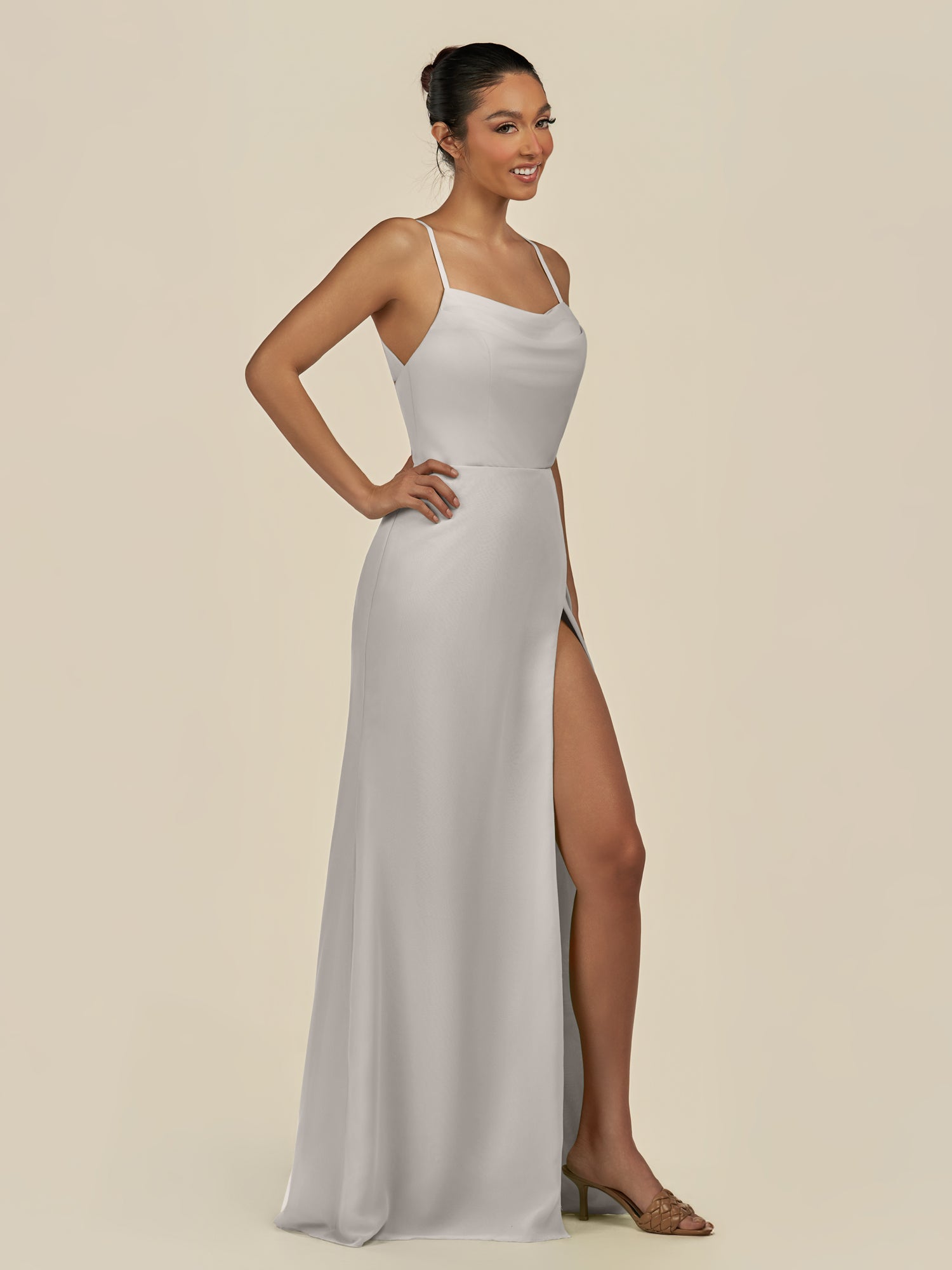 KissDress-Unity Silver Sheath Spaghetti Straps Chiffon Ruched Long Bridesmaid Dress