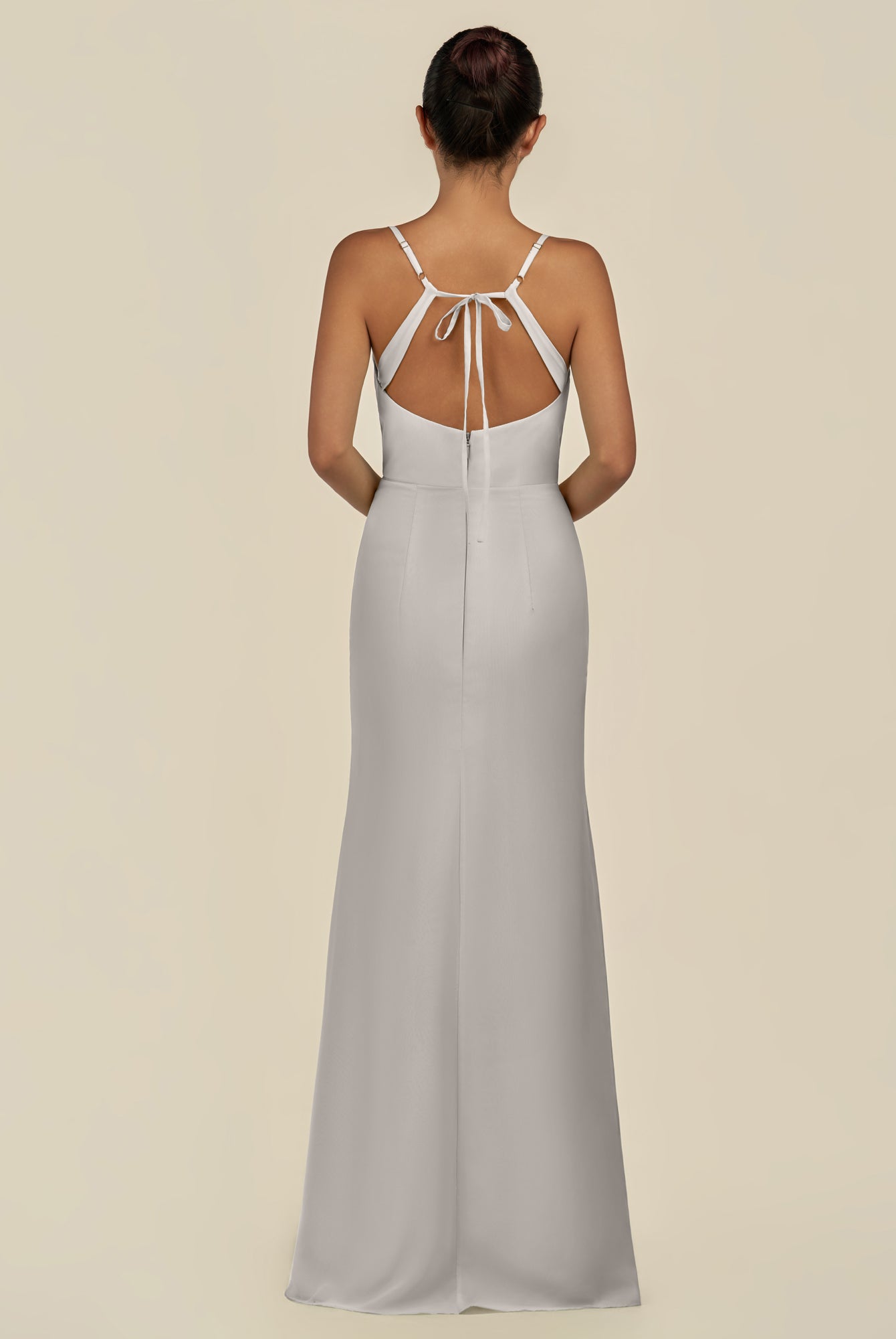 KissDress-Unity Silver Sheath Spaghetti Straps Chiffon Ruched Long Bridesmaid Dress