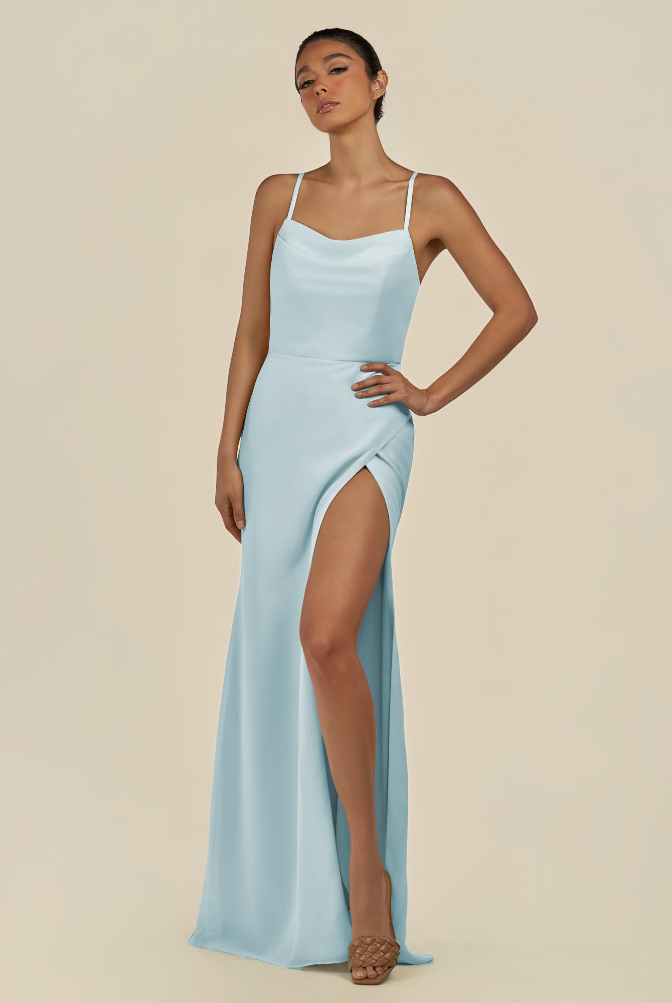 KissDress-Unity Sky Blue Sheath Spaghetti Straps Chiffon Ruched Long Bridesmaid Dress