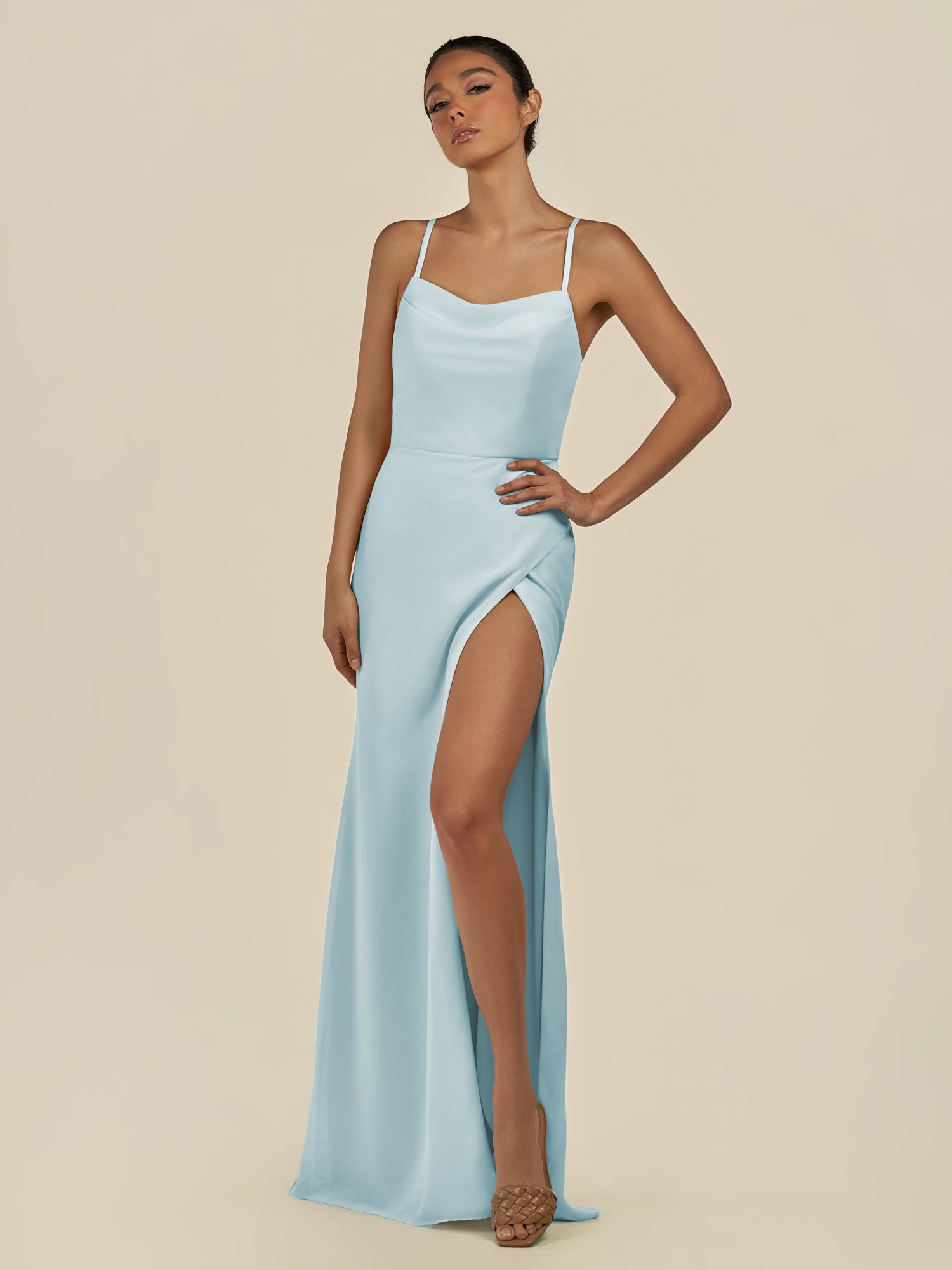 KissDress-Unity Sky Blue Sheath Spaghetti Straps Chiffon Ruched Long Bridesmaid Dress