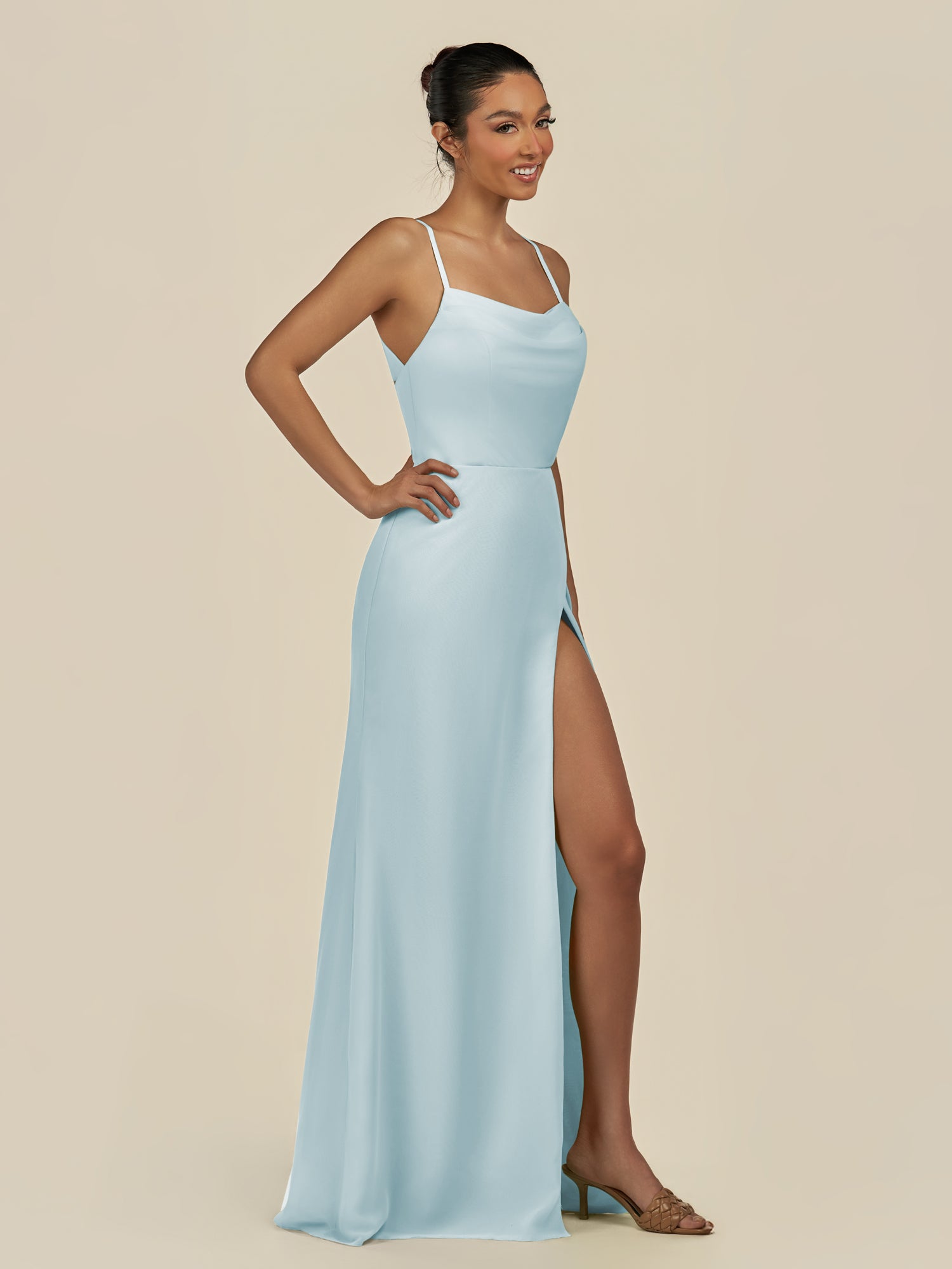 KissDress-Unity Sky Blue Sheath Spaghetti Straps Chiffon Ruched Long Bridesmaid Dress