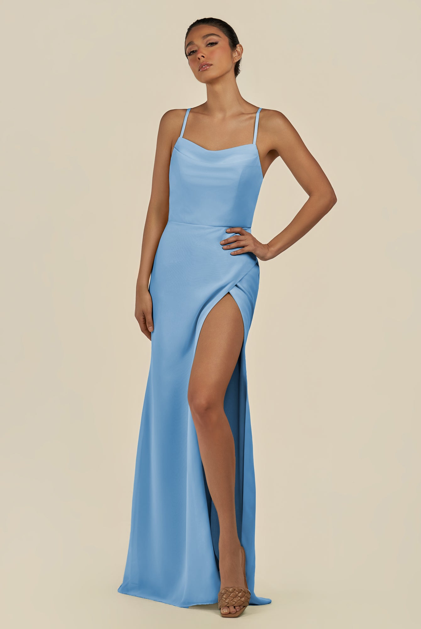 KissDress-Unity Steel Blue Sheath Spaghetti Straps Chiffon Ruched Long Bridesmaid Dress