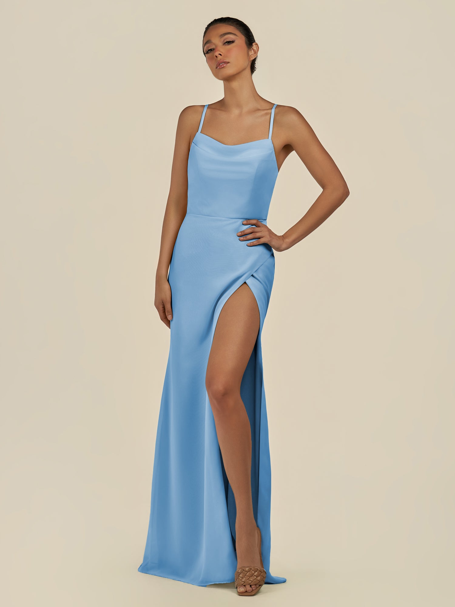 KissDress-Unity Steel Blue Sheath Spaghetti Straps Chiffon Ruched Long Bridesmaid Dress