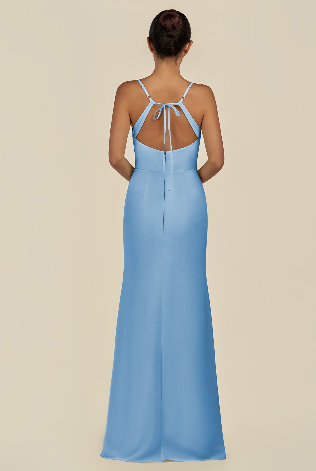 KissDress-Unity Steel Blue Sheath Spaghetti Straps Chiffon Ruched Long Bridesmaid Dress