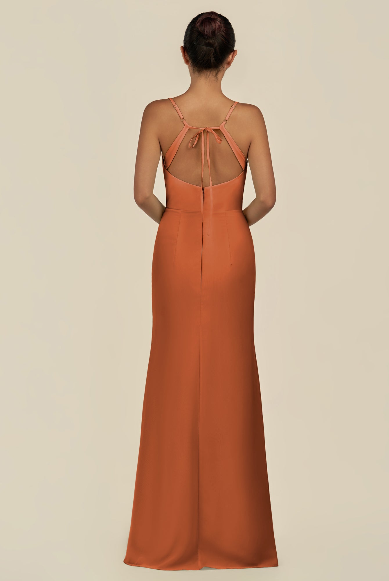KissDress-Unity Terracotta Sheath Spaghetti Straps Chiffon Ruched Long Bridesmaid Dress