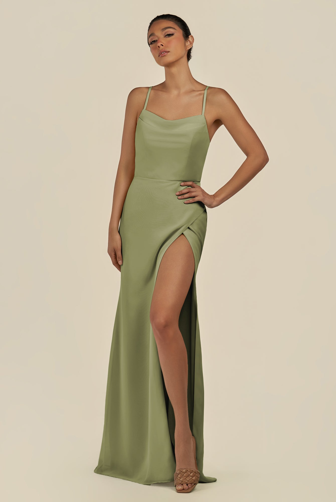 KissDress-Unity Thyme Sheath Spaghetti Straps Chiffon Ruched Long Bridesmaid Dress