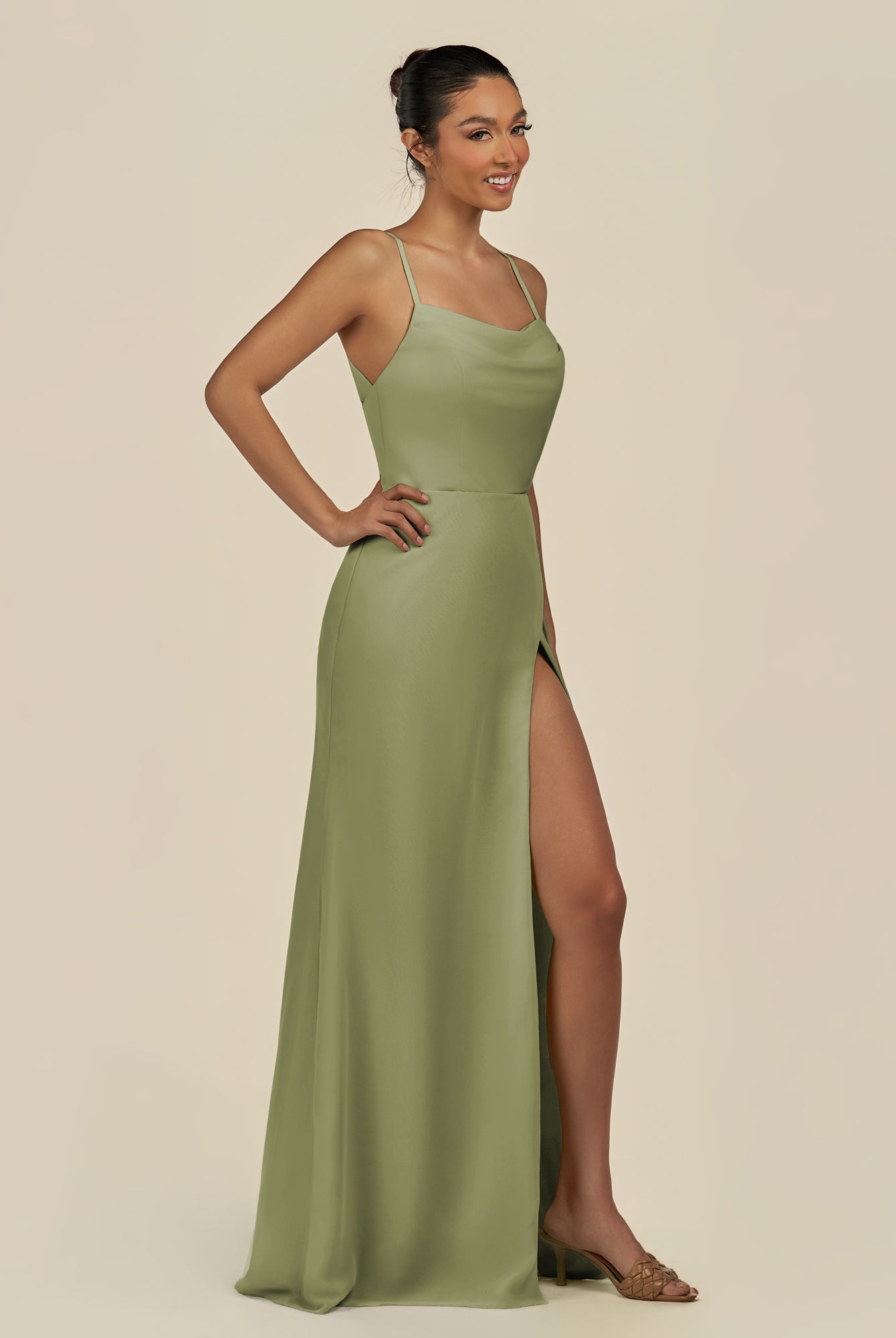 KissDress-Unity Thyme Sheath Spaghetti Straps Chiffon Ruched Long Bridesmaid Dress