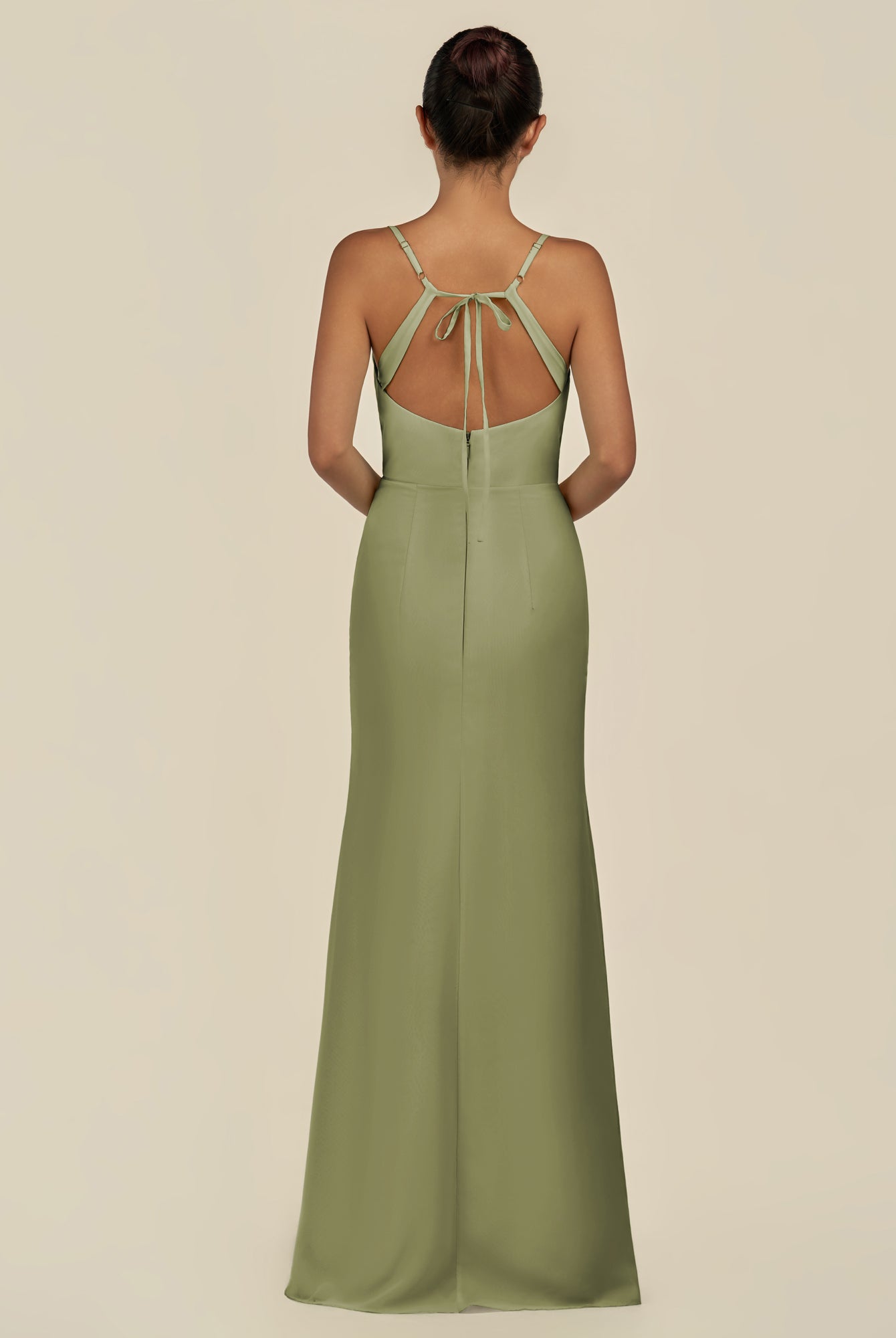 KissDress-Unity Thyme Sheath Spaghetti Straps Chiffon Ruched Long Bridesmaid Dress