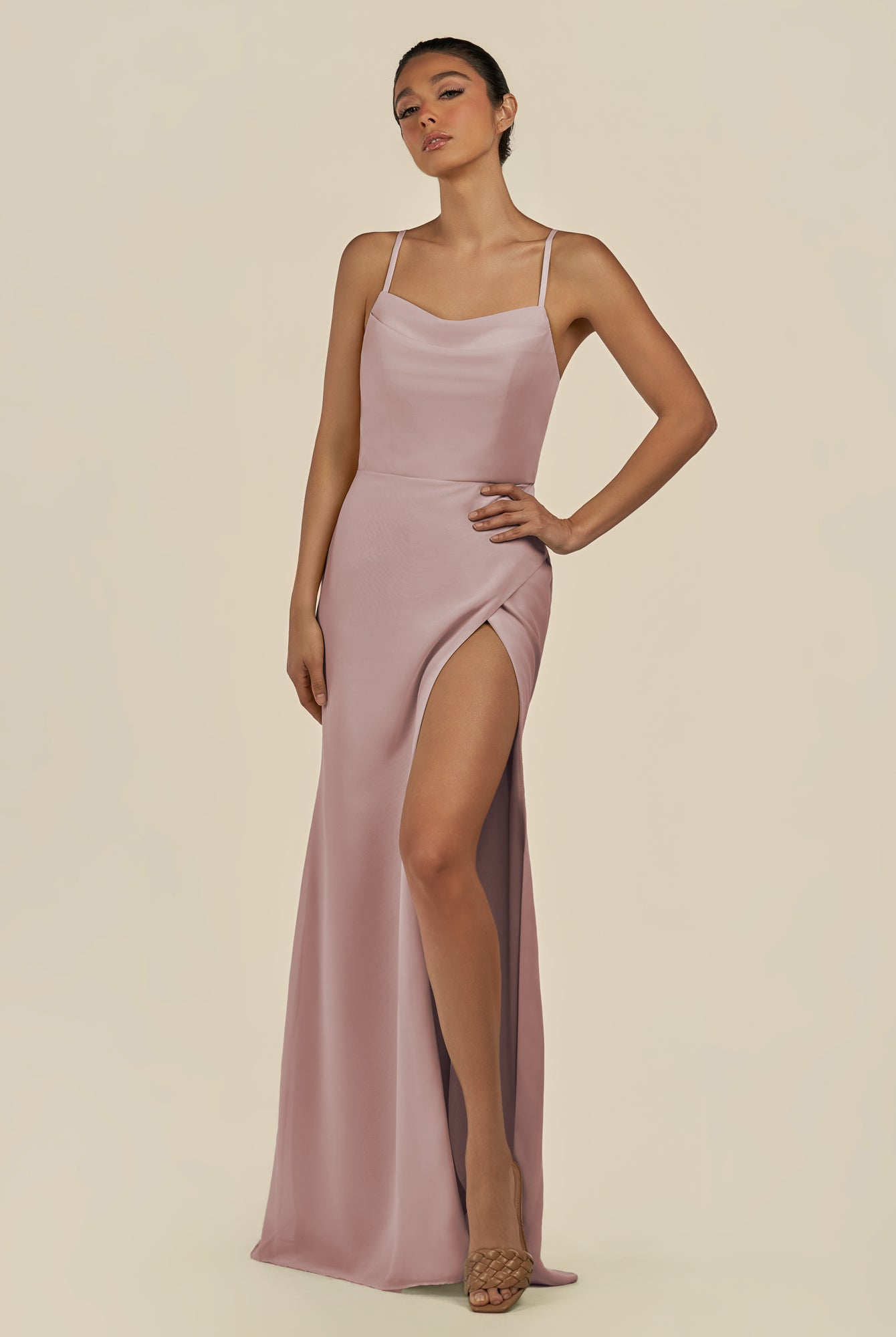 KissDress-Unity Toffee Sheath Spaghetti Straps Chiffon Ruched Long Bridesmaid Dress
