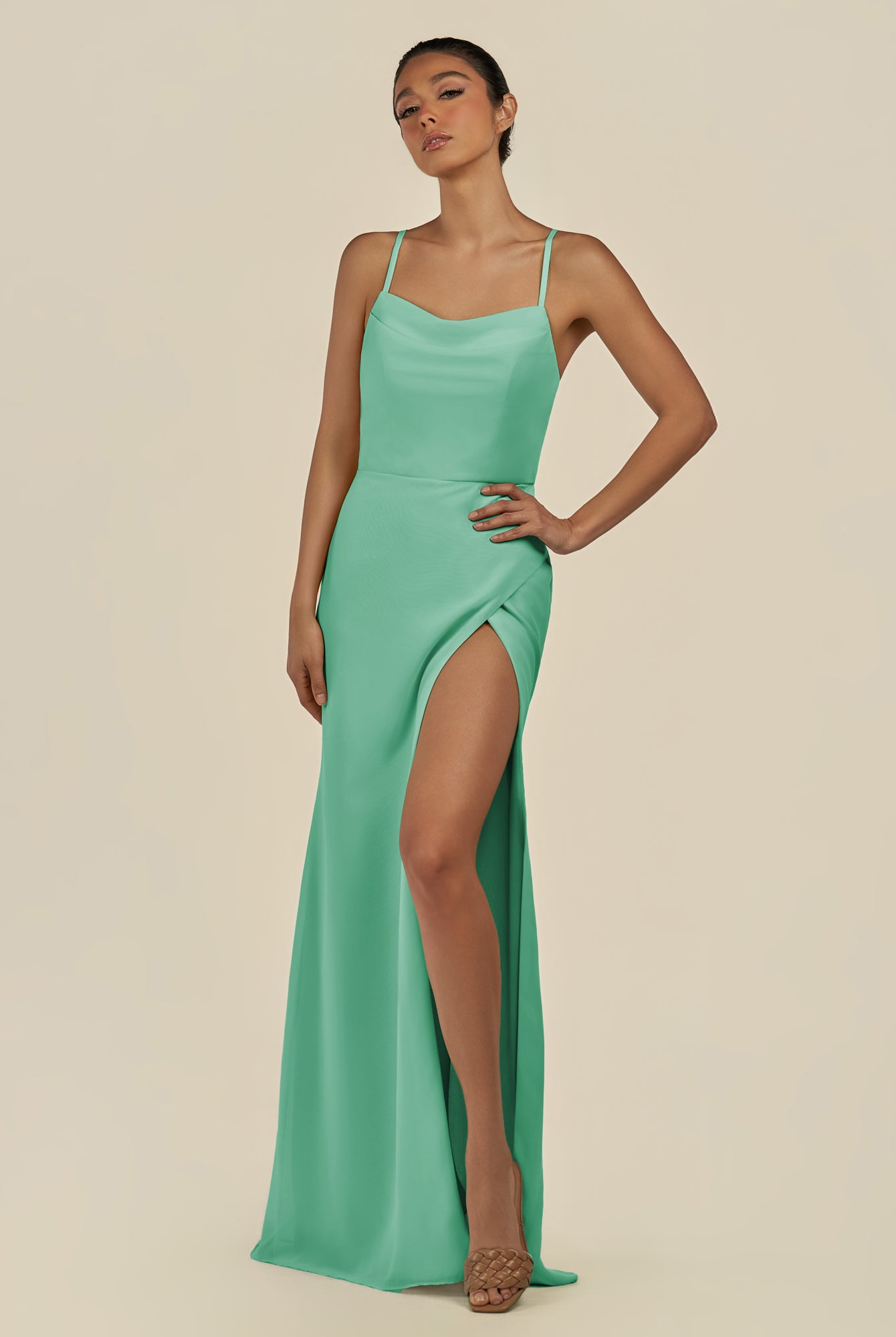 KissDress-Unity Turquoise Sheath Spaghetti Straps Chiffon Ruched Long Bridesmaid Dress