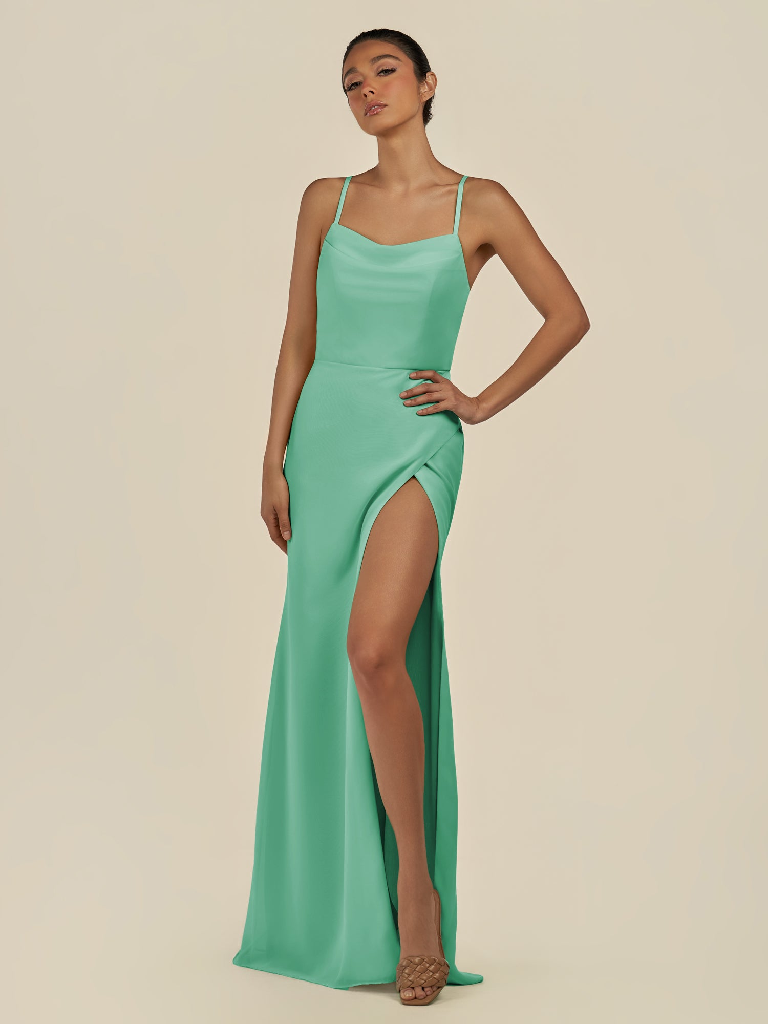 KissDress-Unity Turquoise Sheath Spaghetti Straps Chiffon Ruched Long Bridesmaid Dress