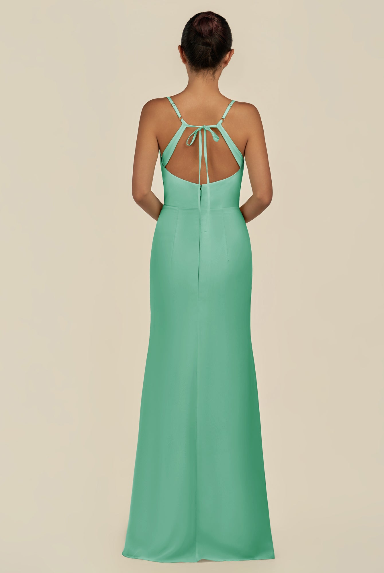 KissDress-Unity Turquoise Sheath Spaghetti Straps Chiffon Ruched Long Bridesmaid Dress